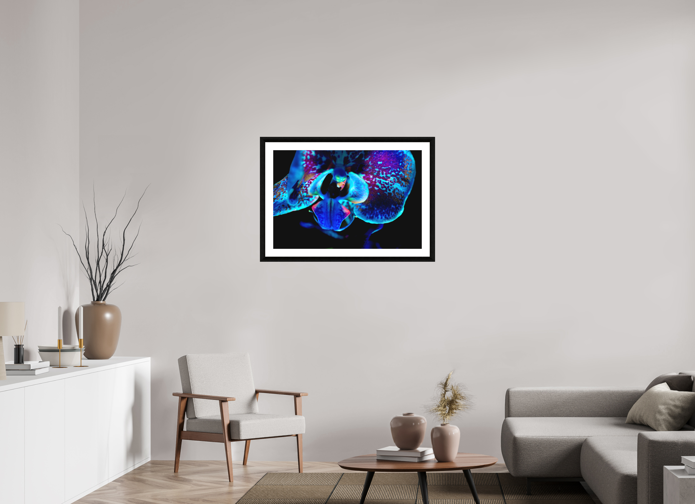 90 x 60 cm, Foto im schwarzen Ebenholz Rahmen 30mm, Museumsglas, Passepartout Hochweiß Morpho Flower