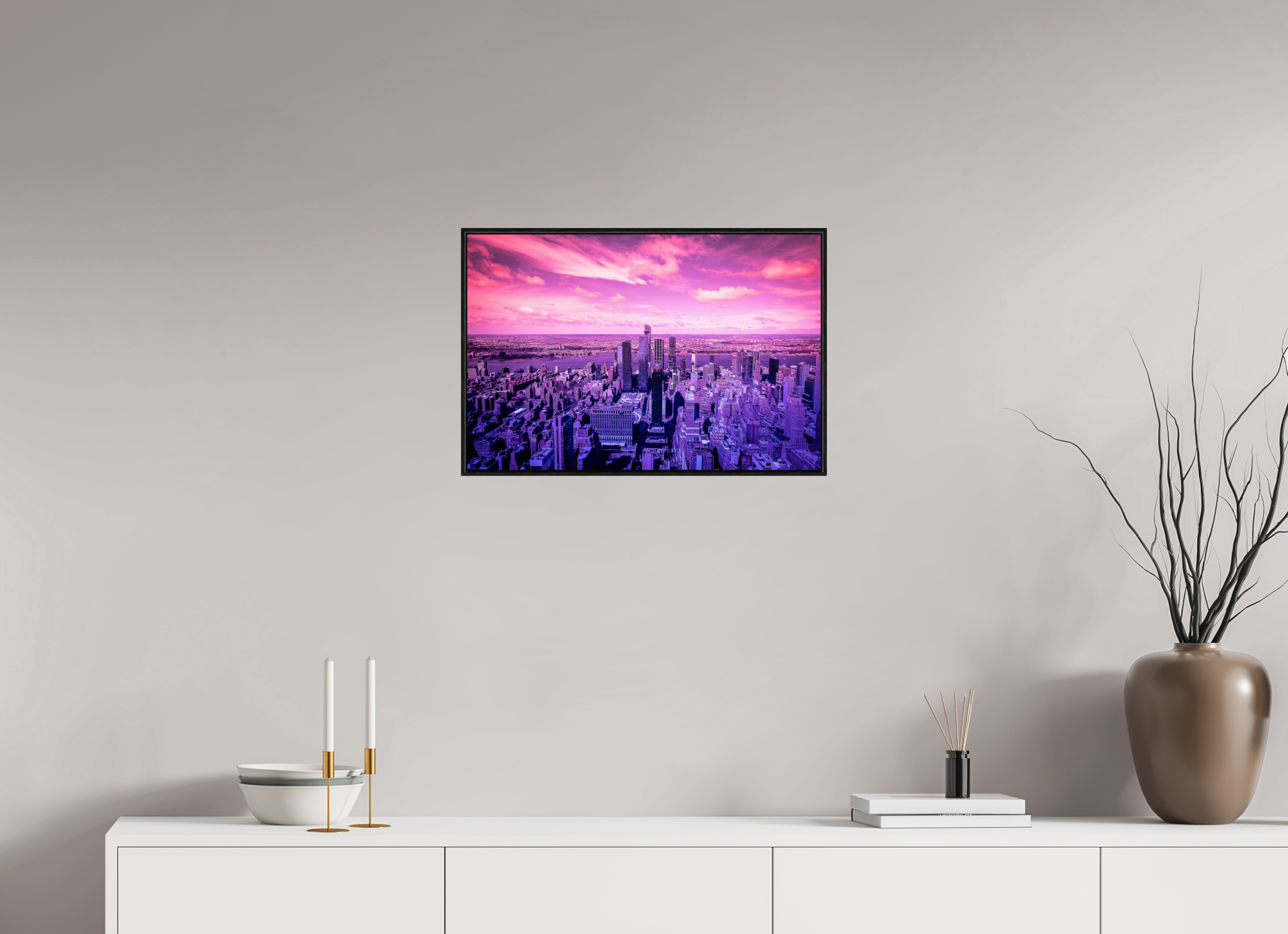 60 x 40 cm, Foto im schwarzen Schattenfugen-Rahmen hinter Acryglas, 2 mm, glänzend New York Pink Symphony