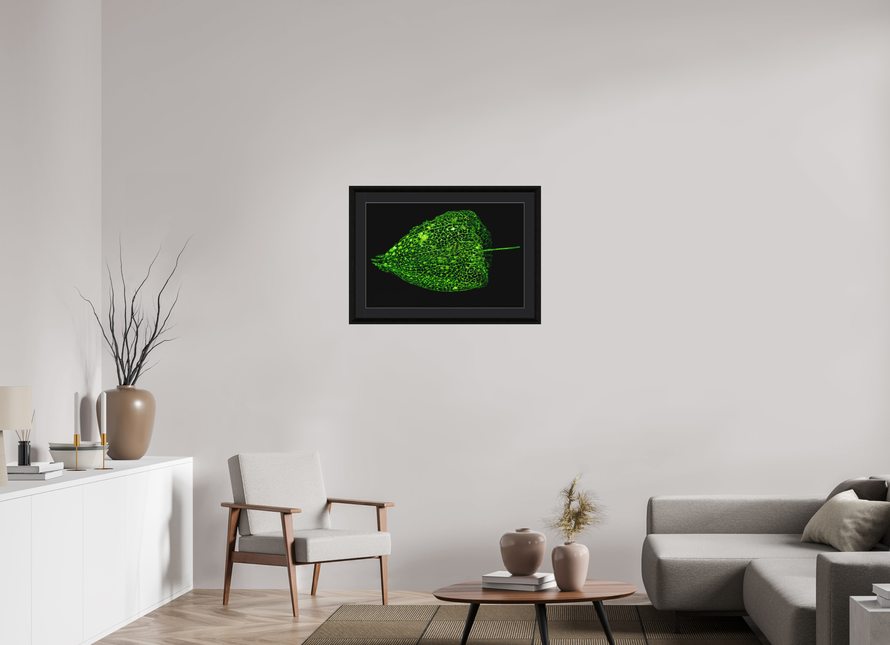 75 x 50 cm, Foto im schwarzen Ebenholz Rahmen 30mm, Museumsglas, Passepartout Schwarz Grünes Farbleuchten