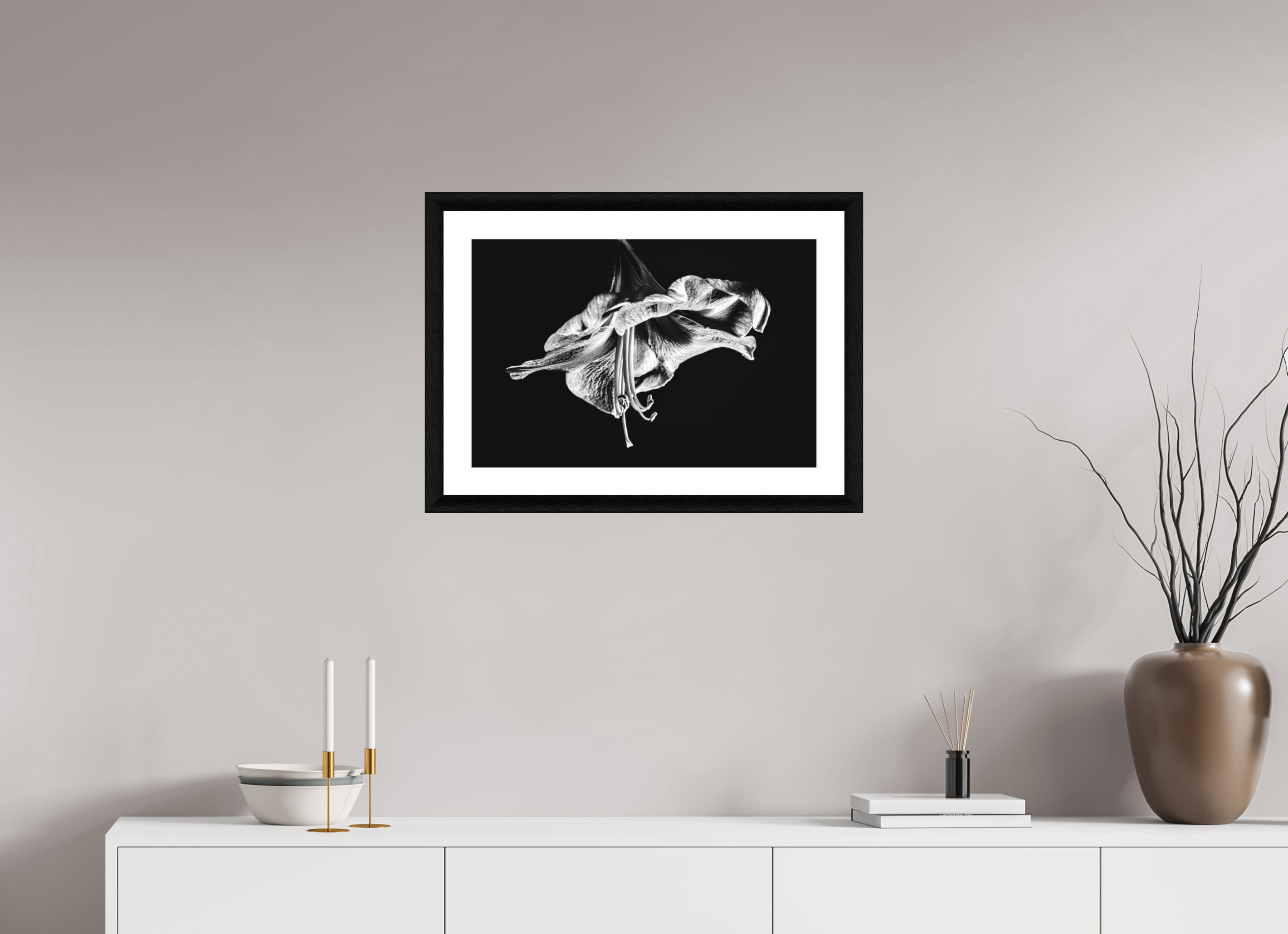 60 x 40 cm, Foto im schwarzen Ebenholz Rahmen 30mm, Museumsglas, Passepartout Hochweiß Amaryllis in the Dawn