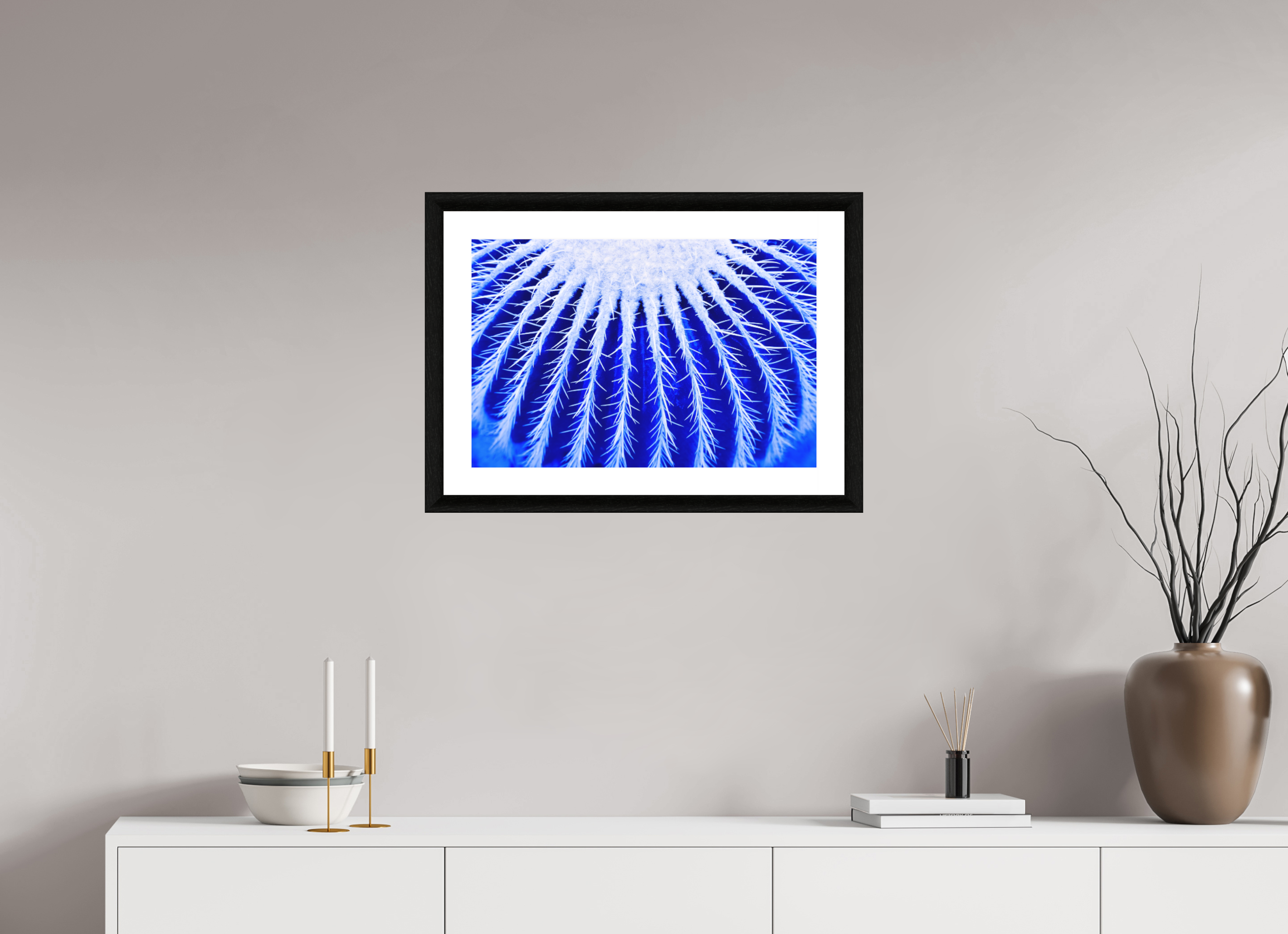 60 x 40 cm, Foto im schwarzen Ebenholz Rahmen 30mm, Museumsglas, Passepartout Hochweiß Ice Kaktus