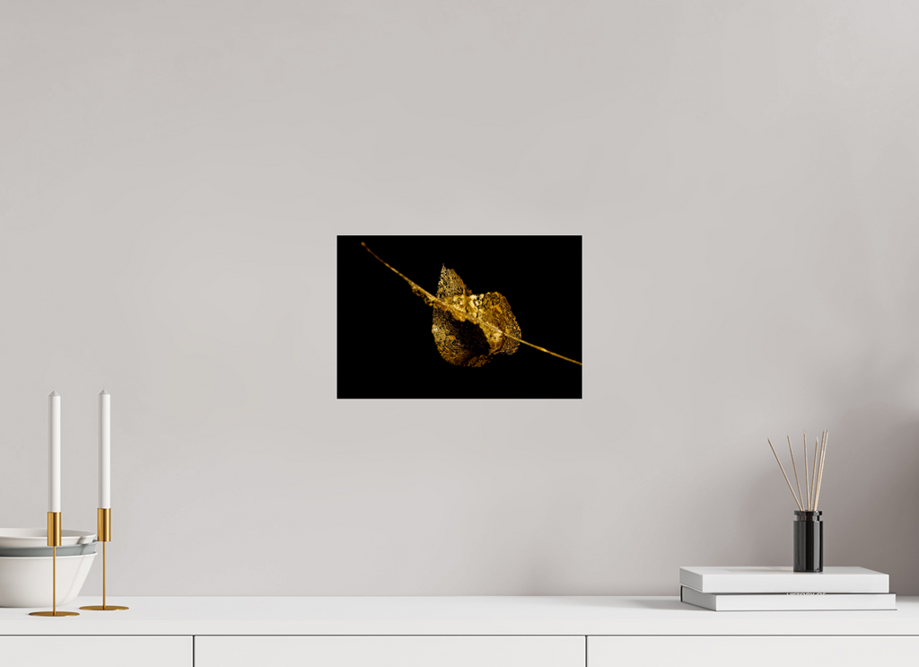 30 x 20 cm, Acrylglas, glänzend, 2 mm, Dibond 3 mm, mit Aufhängung Goldene Blattruine - Fragile Grace