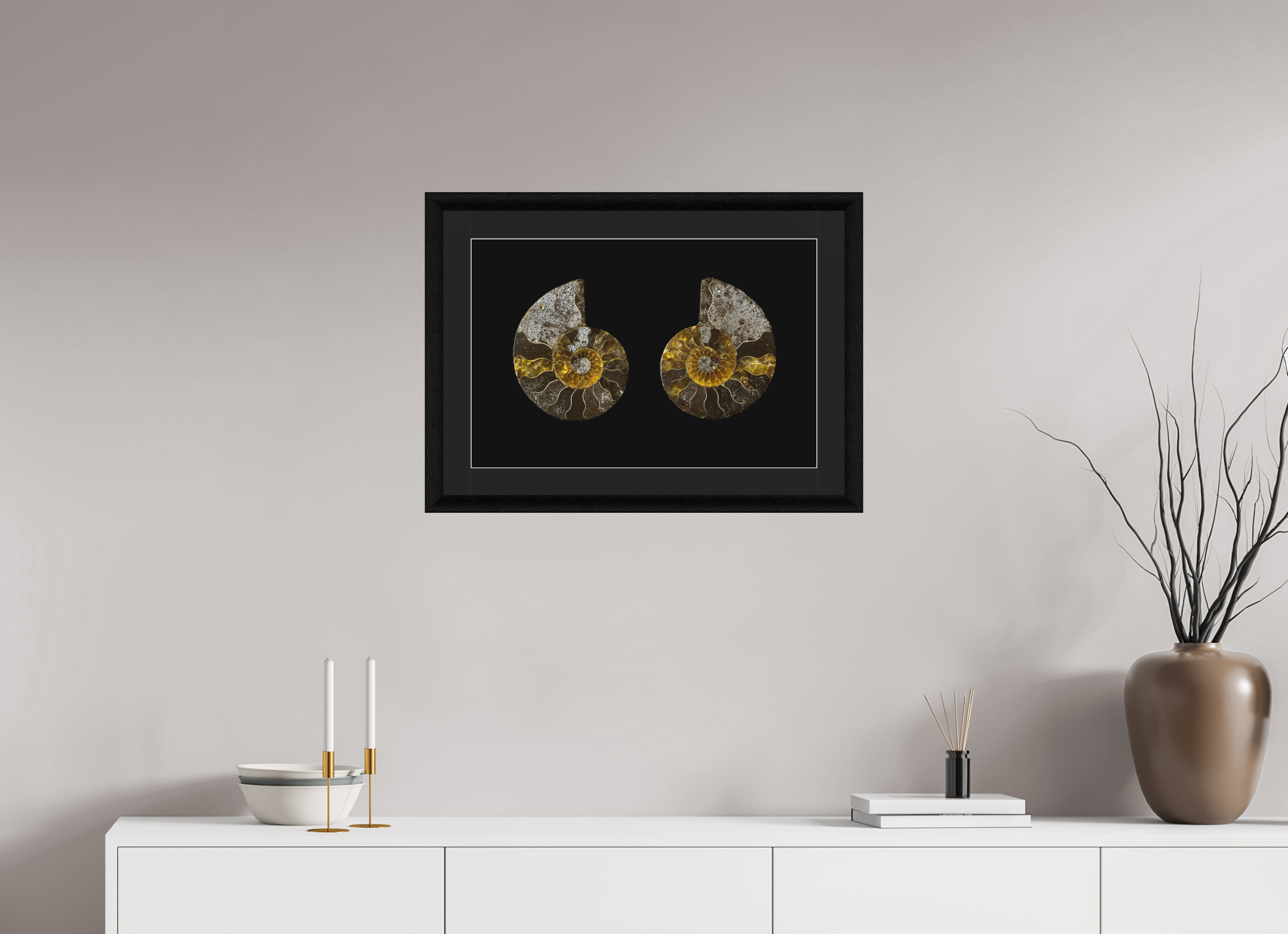 60 x 40 cm, Foto im schwarzen Ebenholz Rahmen 30mm, Museumsglas, Passepartout Schwarz Fossil Memory