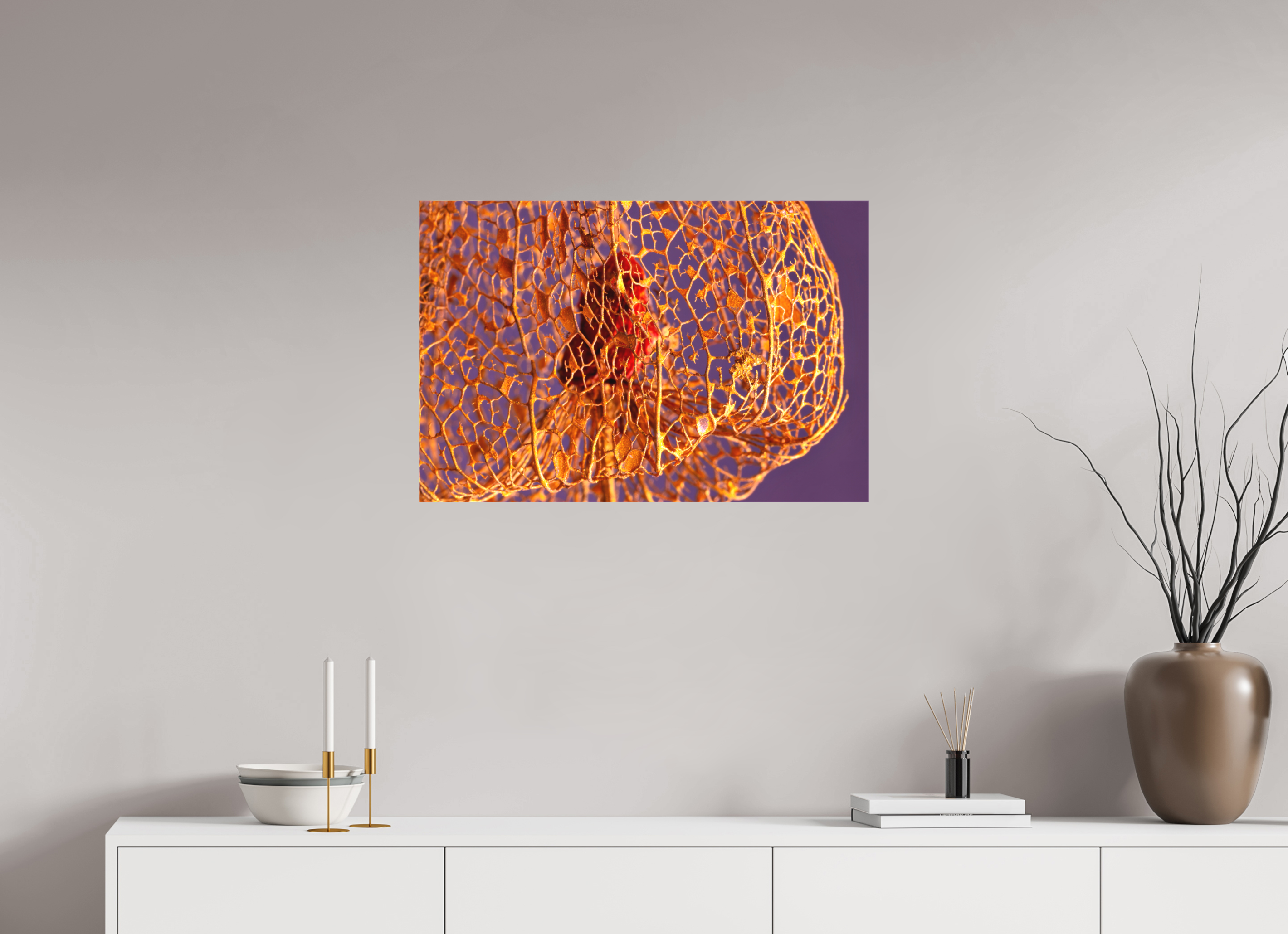 75 x 50 cm, Foto-Leinwand aus hochwertigem Textil, 40mm Herz der Physalis Gold
