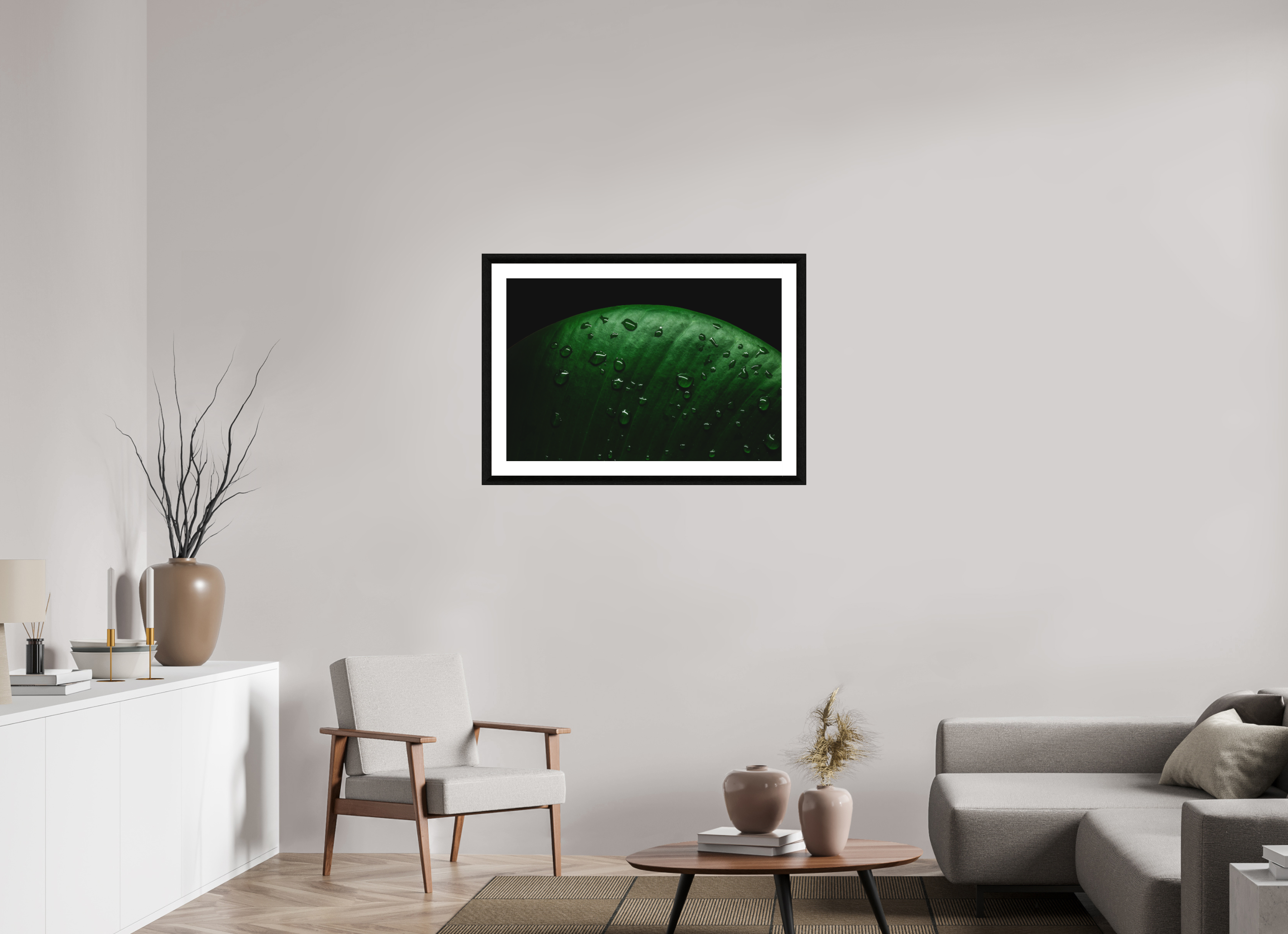 90 x 60 cm, Foto im schwarzen Ebenholz Rahmen 30mm, Museumsglas, Passepartout Hochweiß Silent Raindrops
