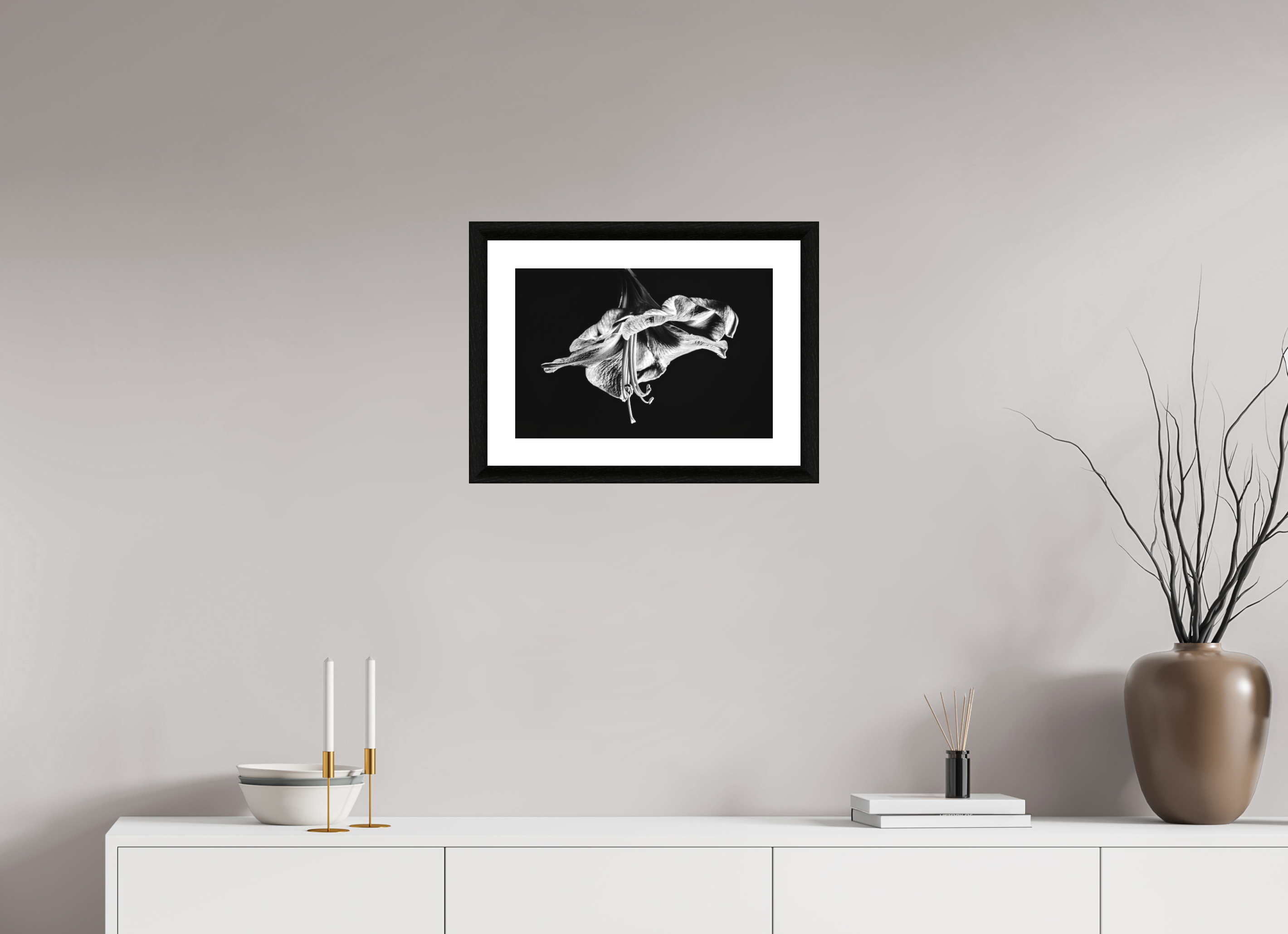 45 x 30 cm, Foto im schwarzen Ebenholz Rahmen 30mm, Museumsglas, Passepartout Hochweiß Amaryllis in the Dawn