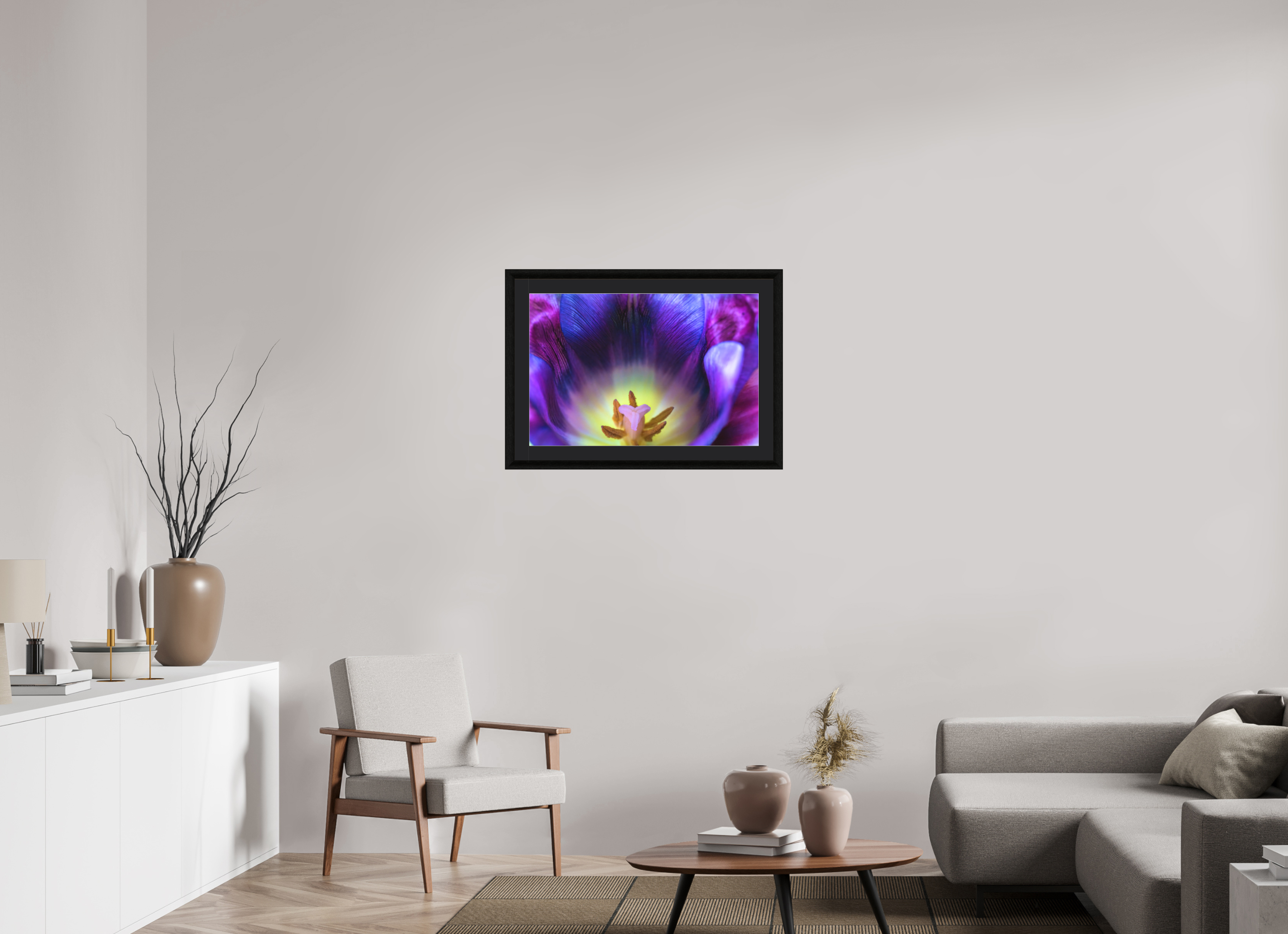 75 x 50 cm, Foto im schwarzen Ebenholz Rahmen 30mm, Museumsglas, Passepartout Schwarz Purple Spring