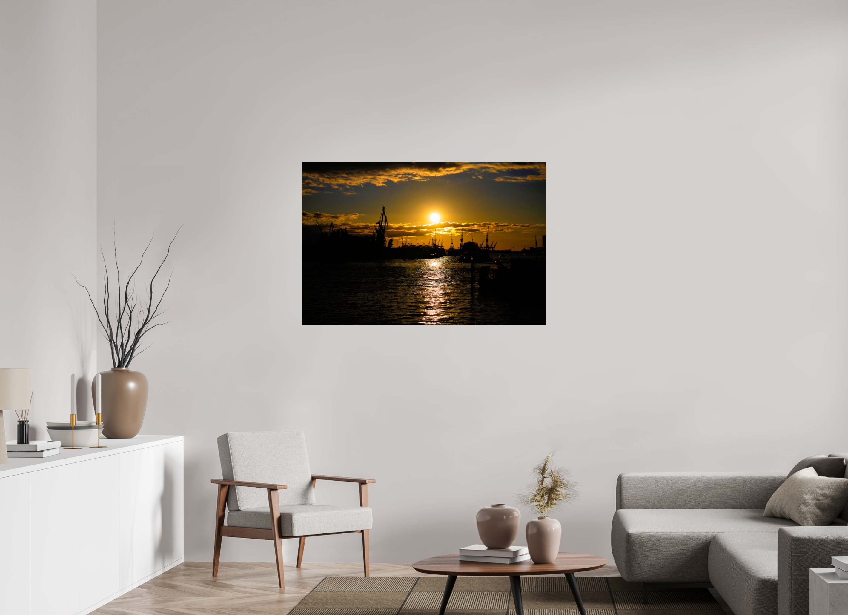 120 x 80 cm, Acrylglas, glänzend, 2 mm, Dibond 3 mm, mit Aufhängung Golden Harbour Sunset