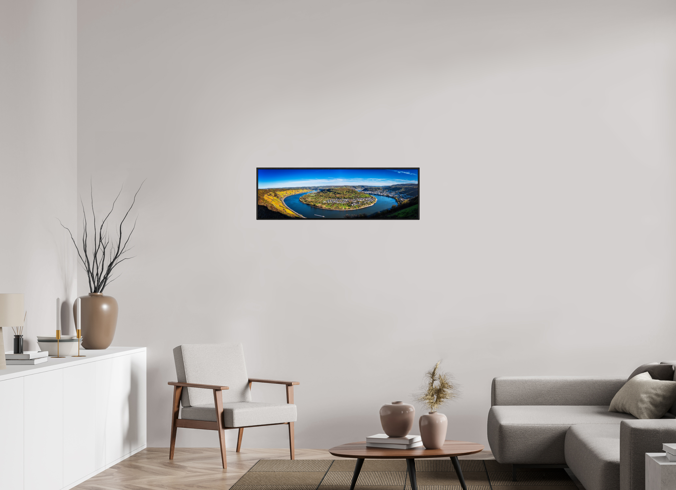 98 x 30 cm, Foto im schwarzen Schattenfugen-Rahmen hinter Acryglas, 2 mm, glänzend Rheinschleife
