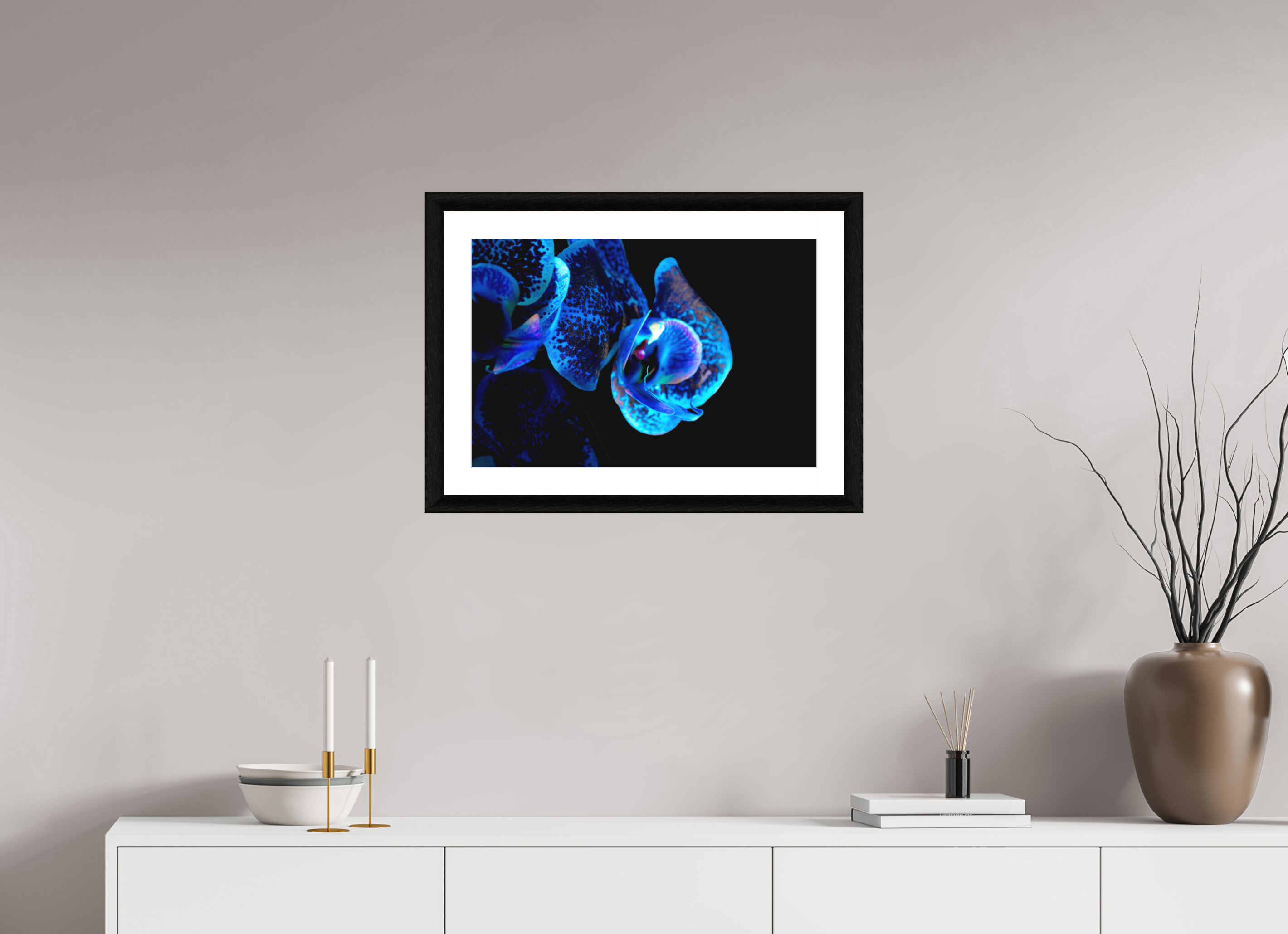 60 x 40 cm, Foto im schwarzen Ebenholz Rahmen 30mm, Museumsglas, Passepartout Hochweiß Lapislazuli Chameleon Flower