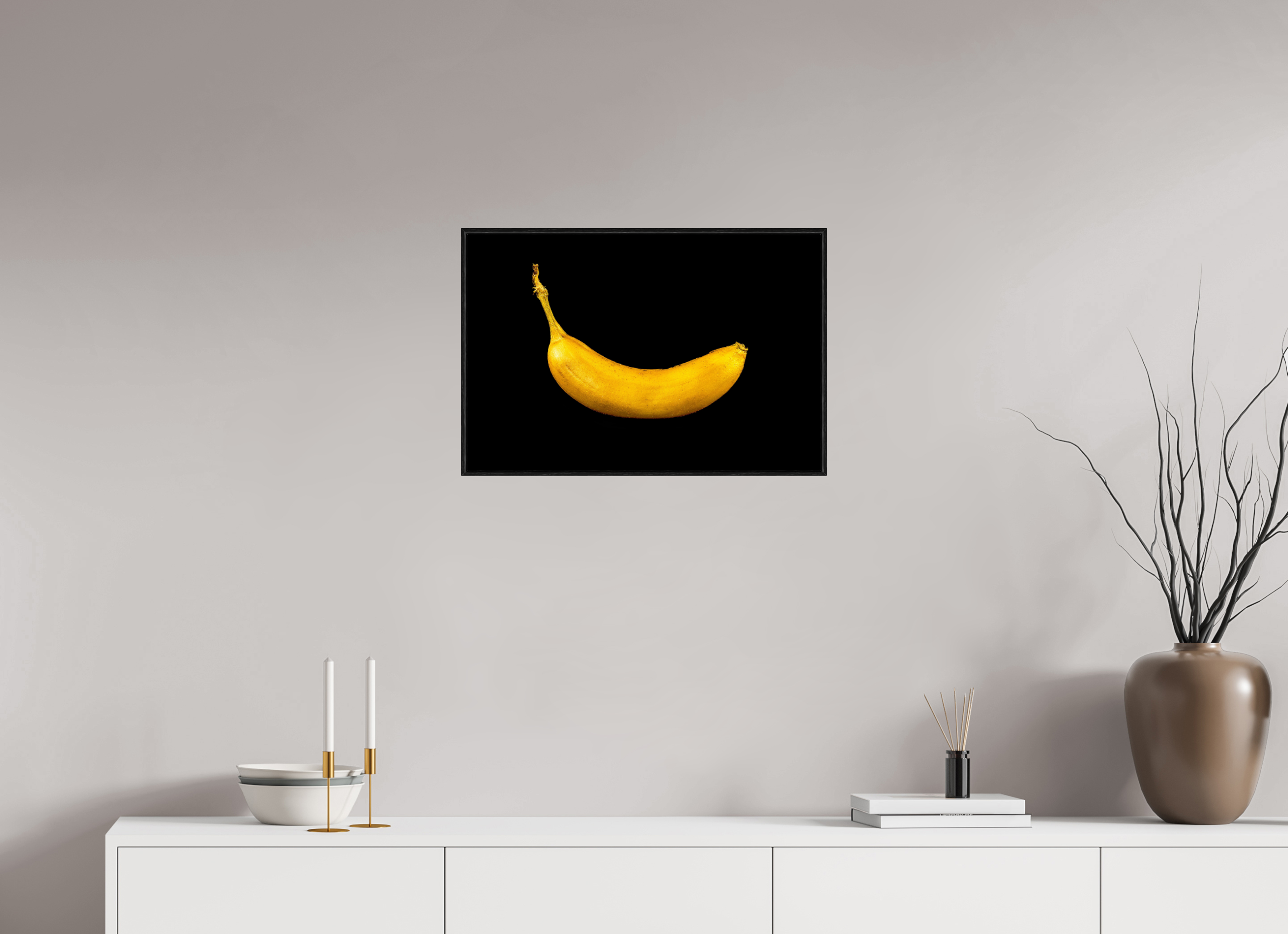 60 x 40 cm, Foto im schwarzen Schattenfugen-Rahmen hinter Acryglas, 2 mm, glänzend Die goldene Banane