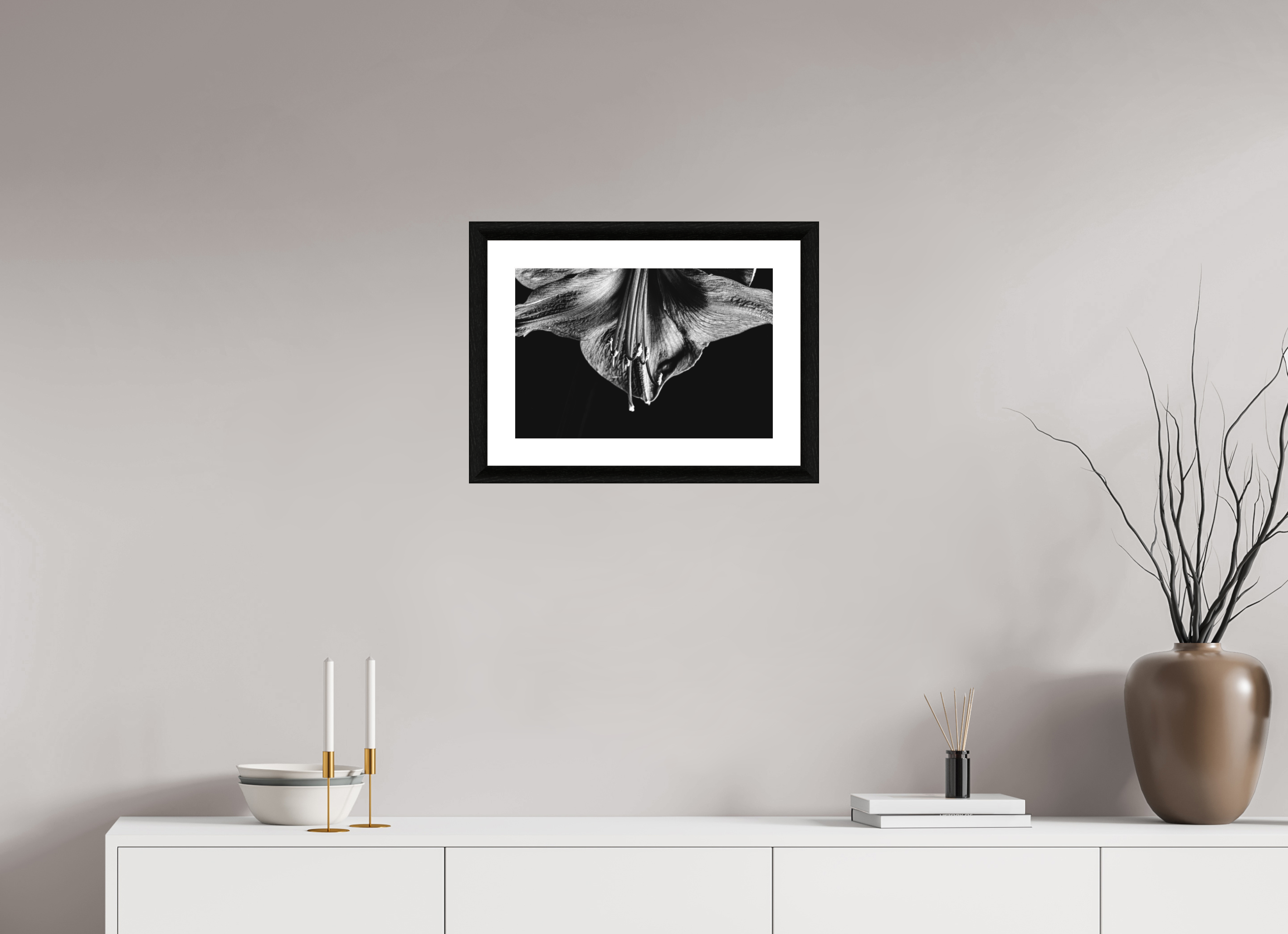 45 x 30 cm, Foto im schwarzen Ebenholz Rahmen 30mm, Museumsglas, Passepartout Hochweiß Amaryllis Half Moon
