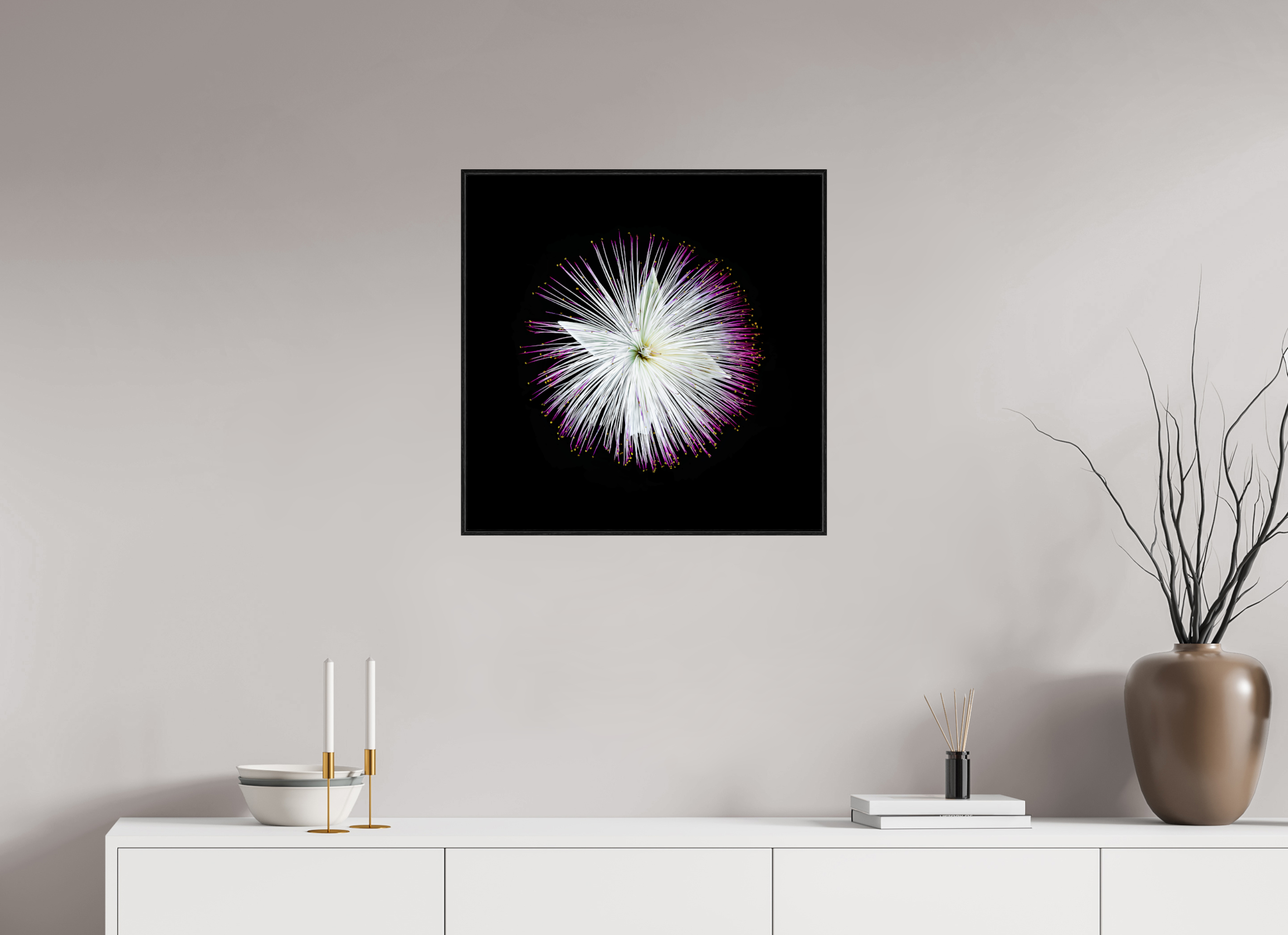 60 x 60 cm, Foto im schwarzen Schattenfugen-Rahmen hinter Acryglas, 2 mm, glänzend Firework Blossom