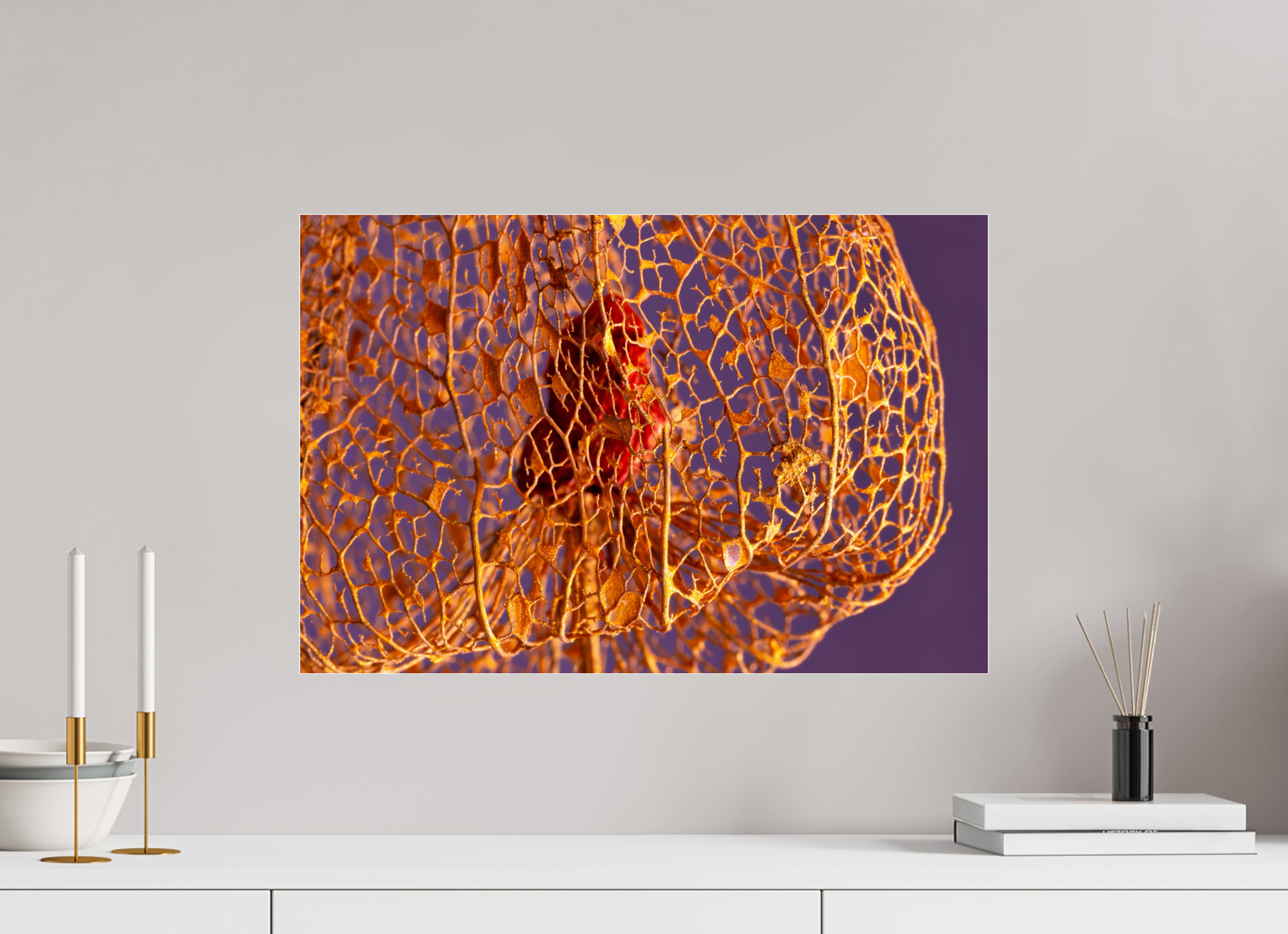 60 x 40 cm, Acrylglas, glänzend, 2 mm, Dibond 3 mm, mit Aufhängung Herz der Physalis Gold