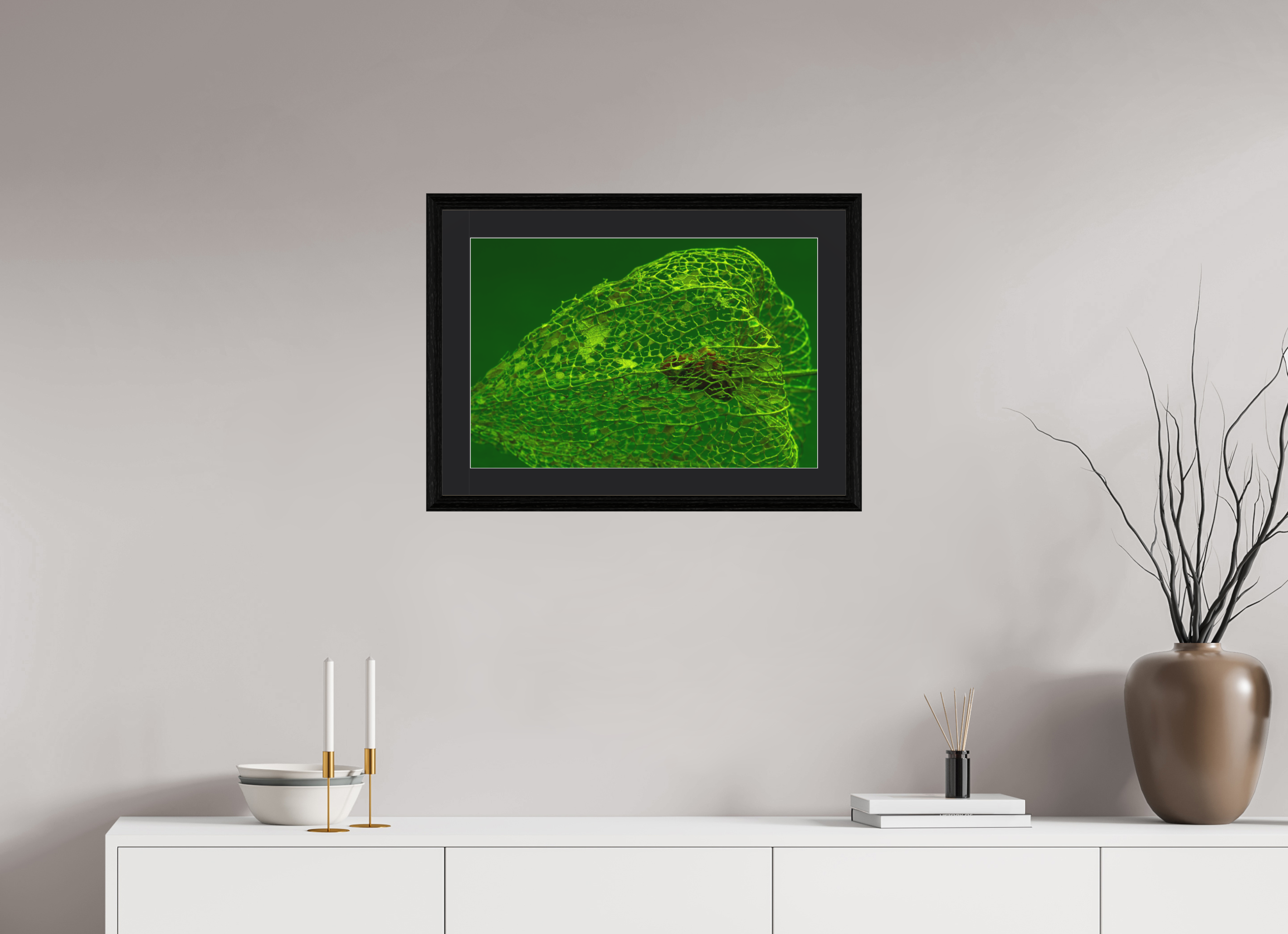 60 x 40 cm, Foto im schwarzen Eichen Rahmen, 27mm, Museumsglas, Passepartout schwarz Herz der Physalis Grün