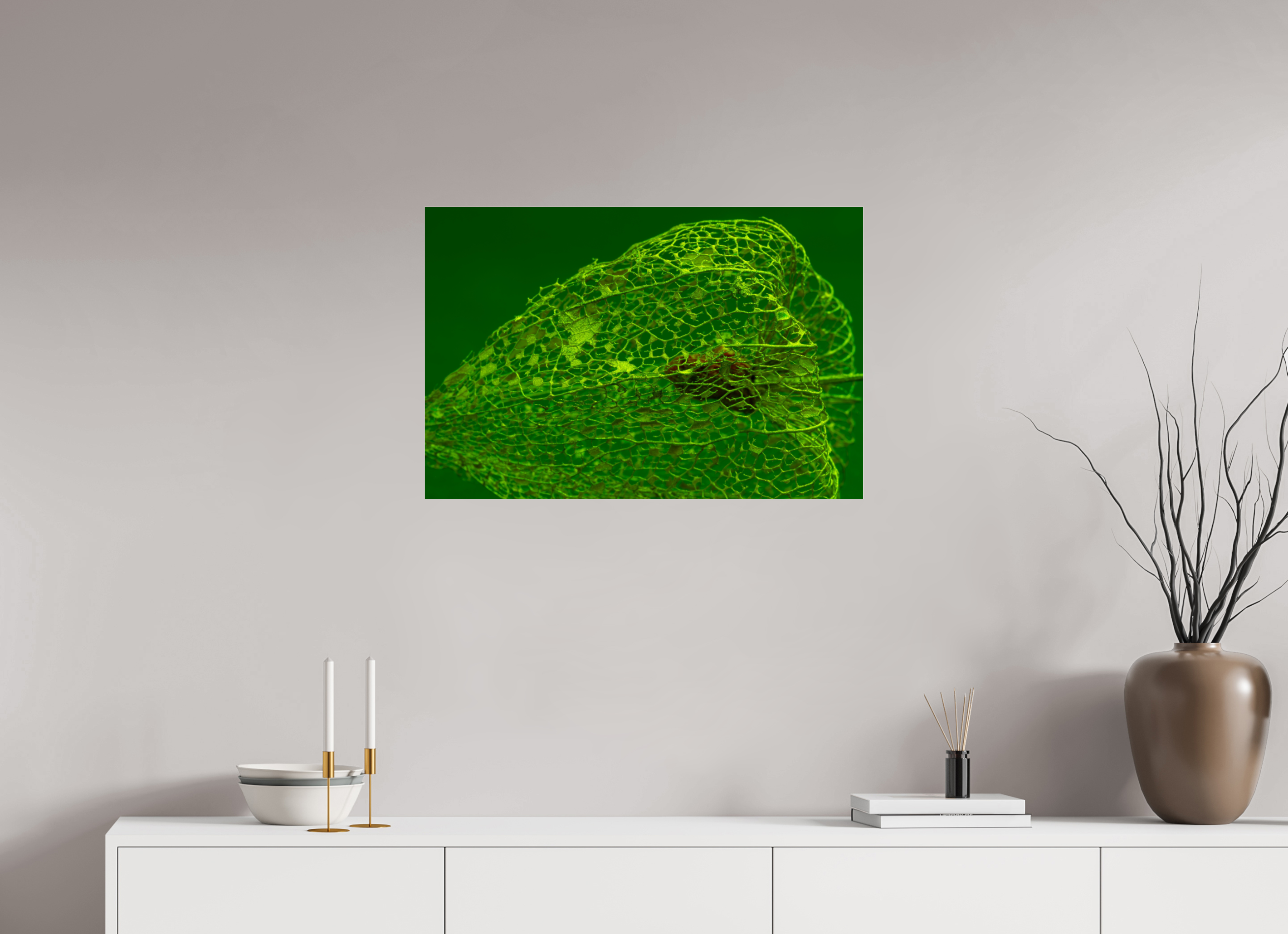 75 x 50 cm, Acrylglas, glänzend, 2 mm, Dibond 3 mm, mit Aufhängung Herz der Physalis Grün