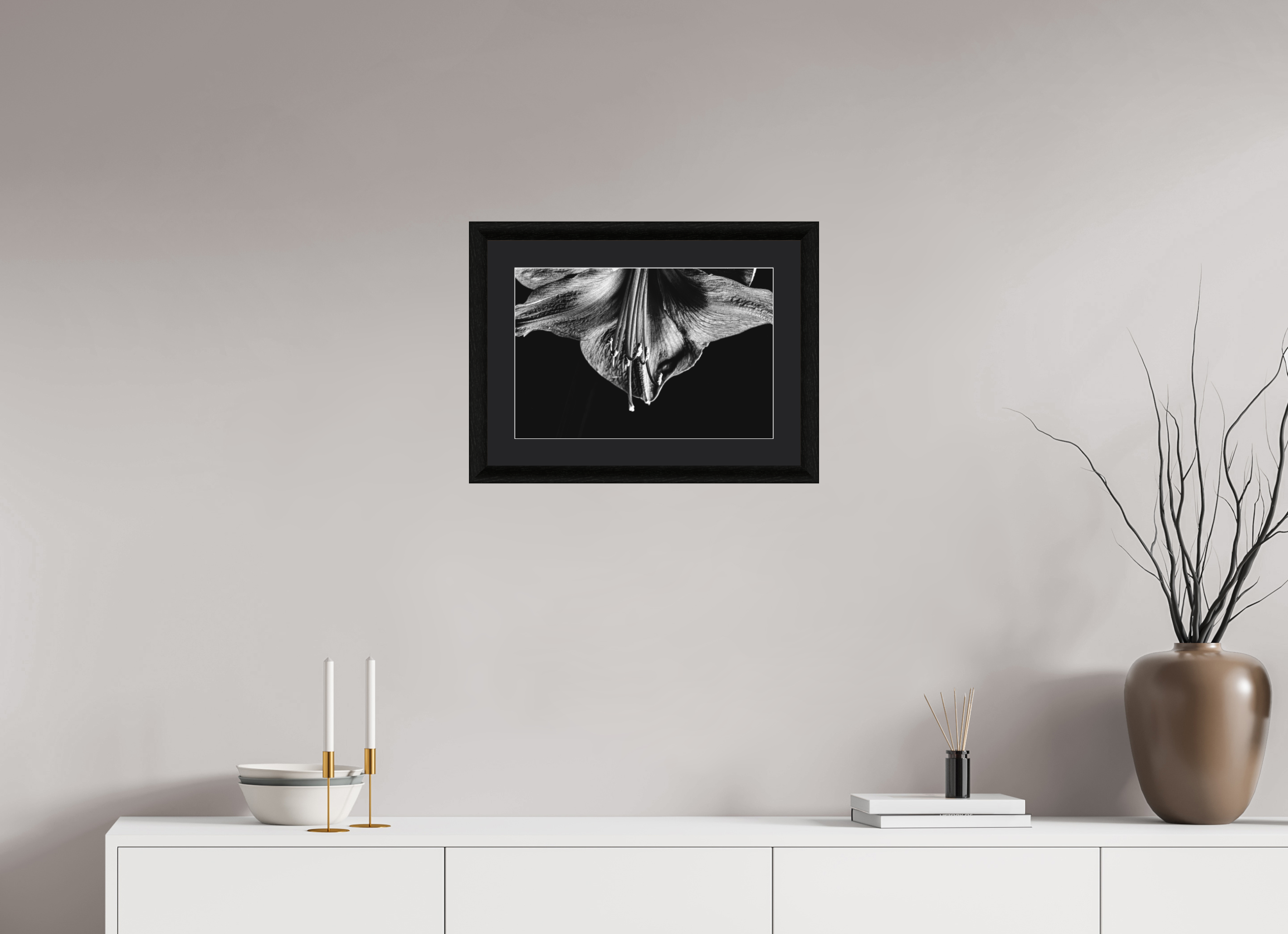 45 x 30 cm, Foto im schwarzen Ebenholz Rahmen 30mm, Museumsglas, Passepartout Schwarz Amaryllis Half Moon
