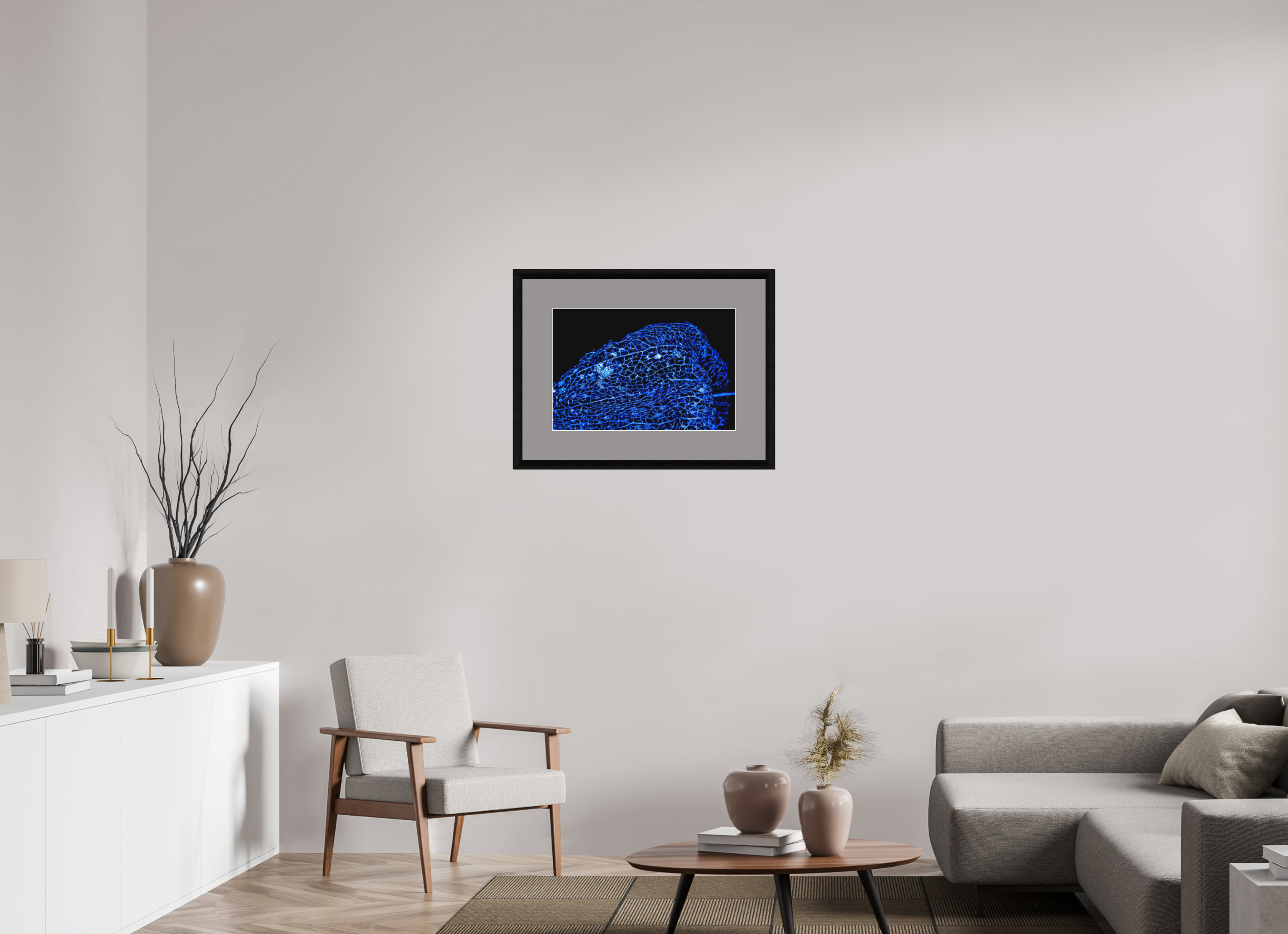 60 x 40 cm, Foto im schwarzen Eichen Rahmen, 30mm, Museumsglas, breites Passepartout Anthrazit Blaues Farbleuchten