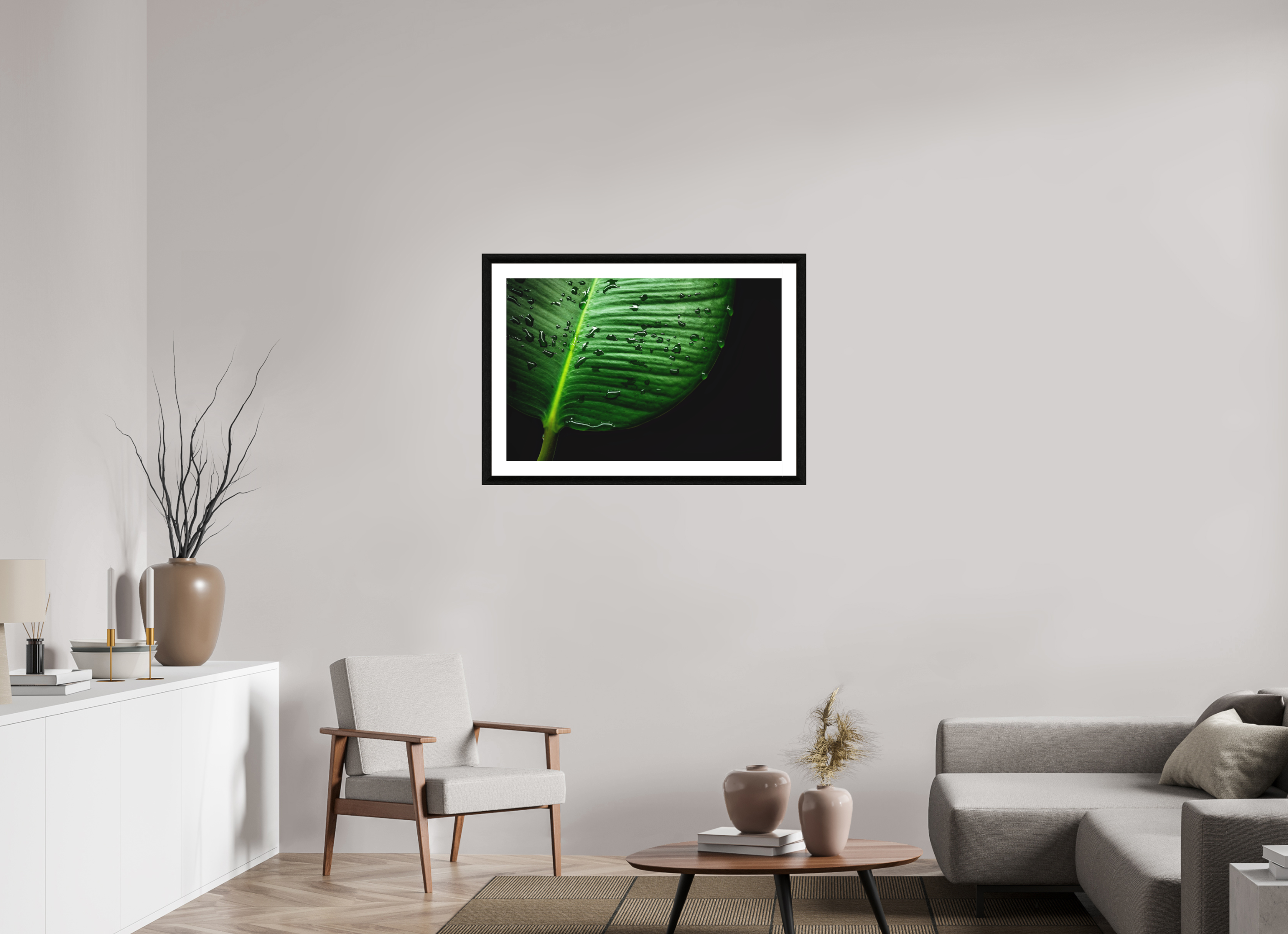 90 x 60 cm, Foto im schwarzen Ebenholz Rahmen 30mm, Museumsglas, Passepartout Hochweiß Tropical Raindrops