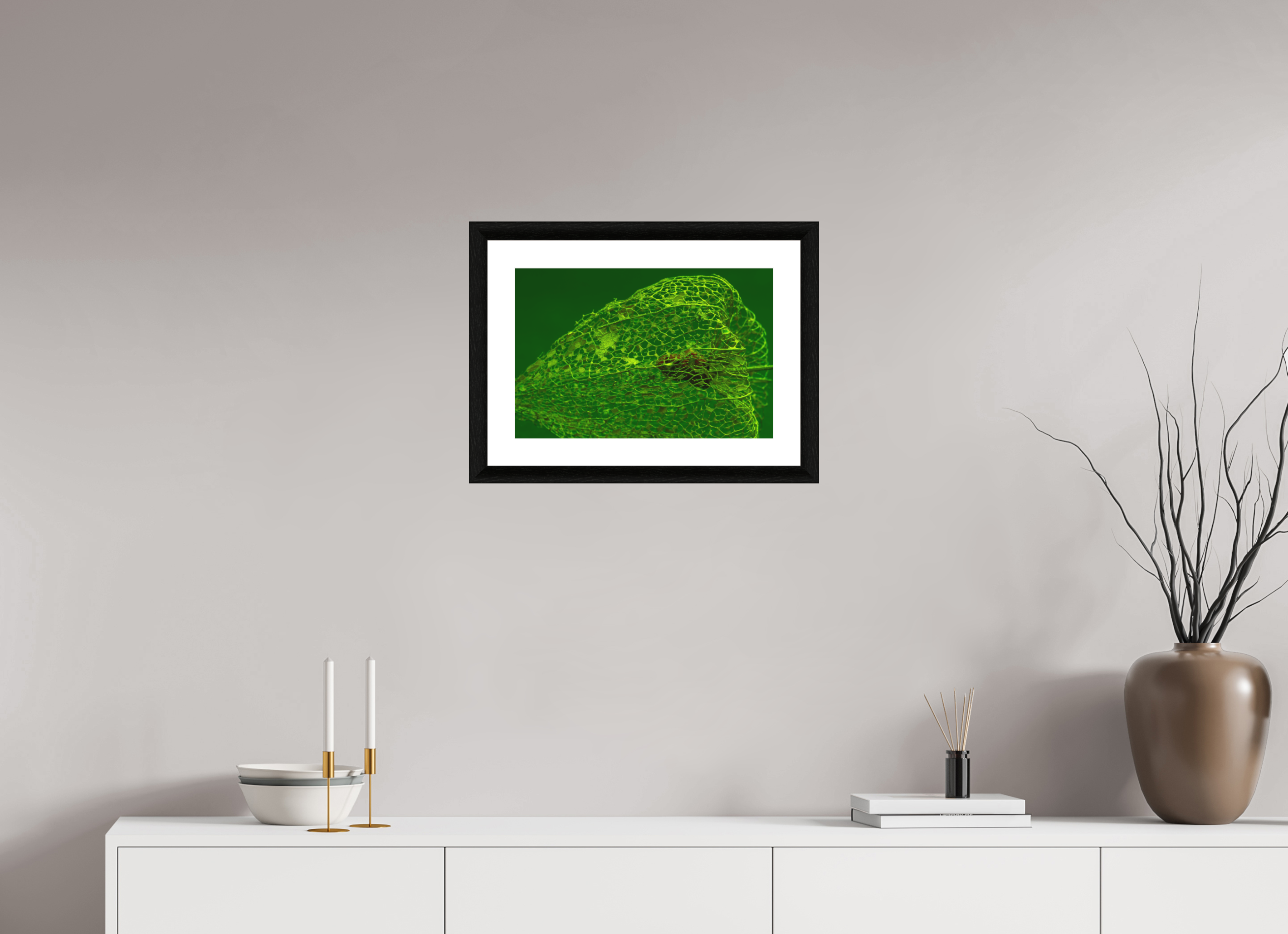 45 x 30 cm, Foto im schwarzen Ebenholz Rahmen 30mm, Museumsglas, Passepartout Hochweiß Herz der Physalis Grün