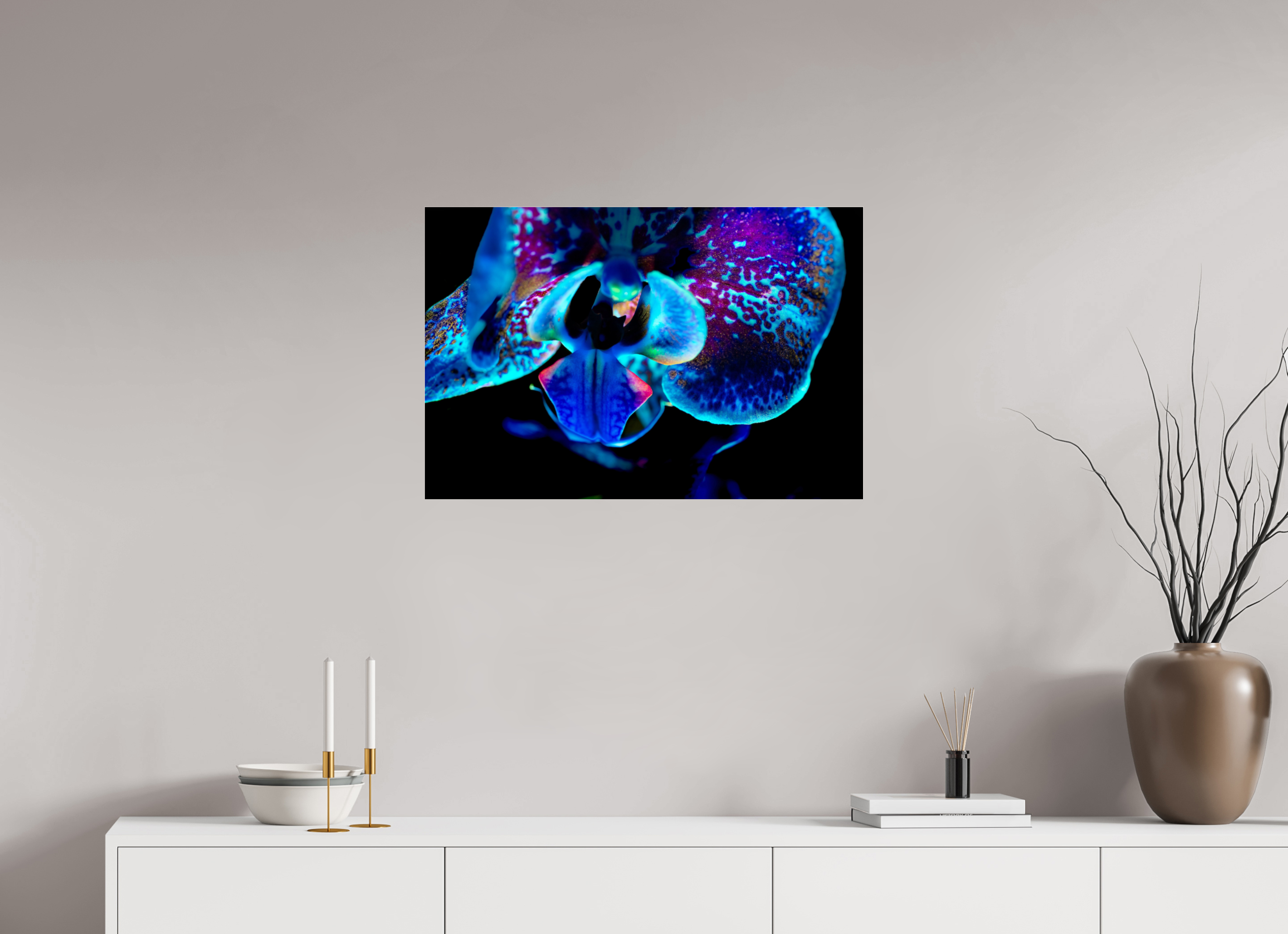 75 x 50 cm, Acrylglas, glänzend, 2 mm, Dibond 3 mm, mit Aufhängung Morpho Flower