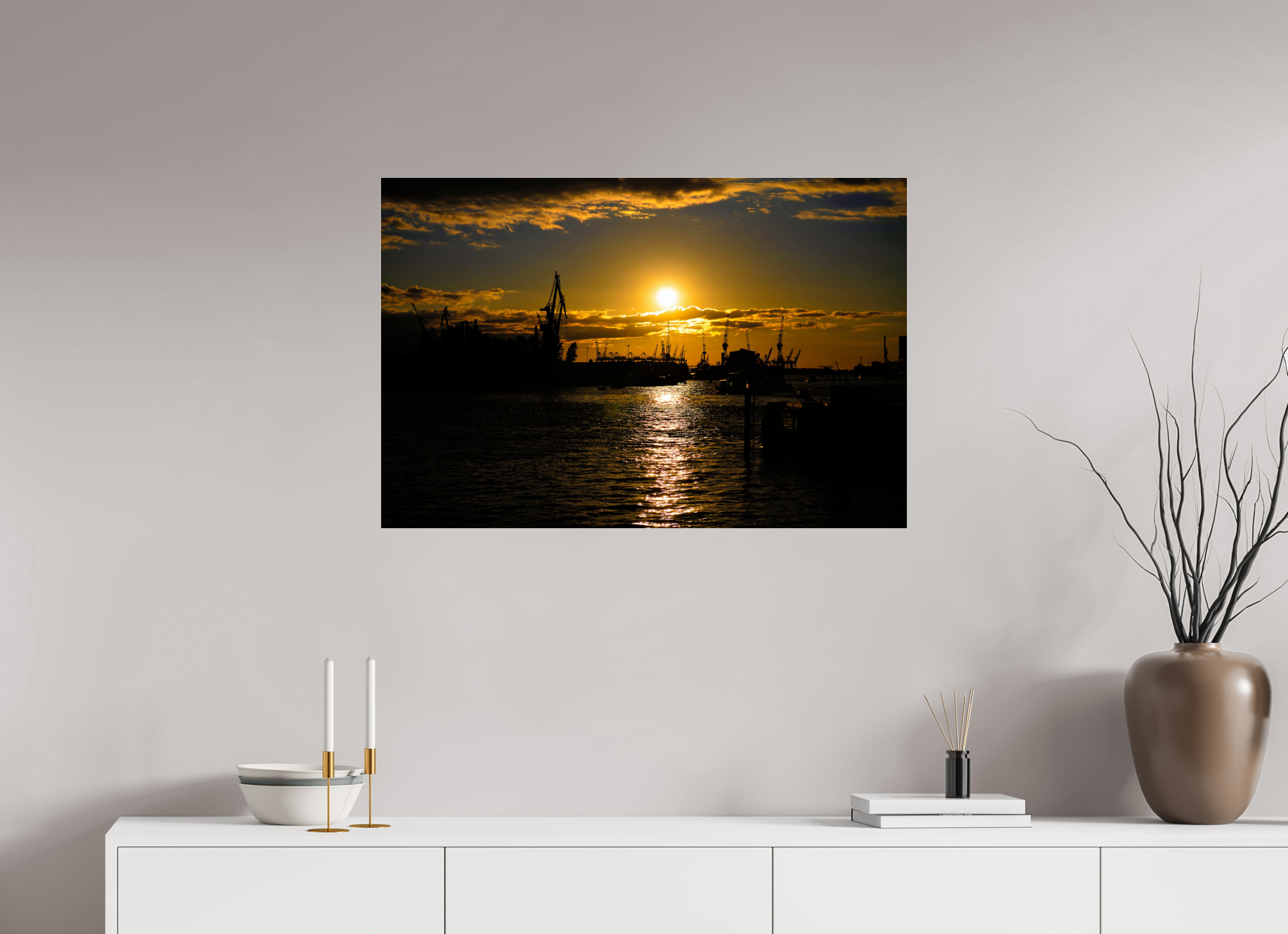 90 x 60 cm, Acrylglas, glänzend, 2 mm, Dibond 3 mm, mit Aufhängung Golden Harbour Sunset