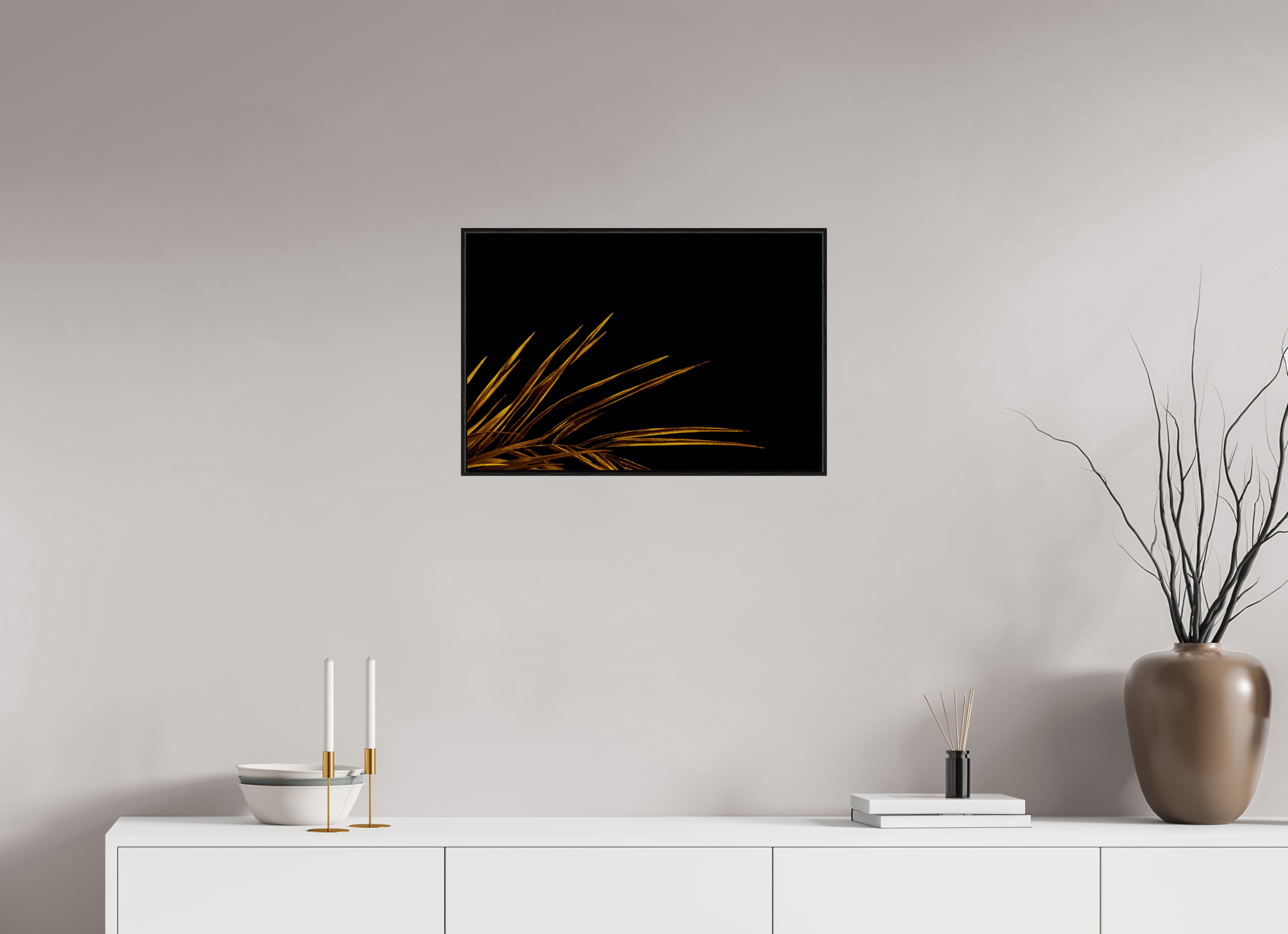 60 x 40 cm, Foto im schwarzen Schattenfugen-Rahmen hinter Acryglas, 2 mm, glänzend Golden Leaves