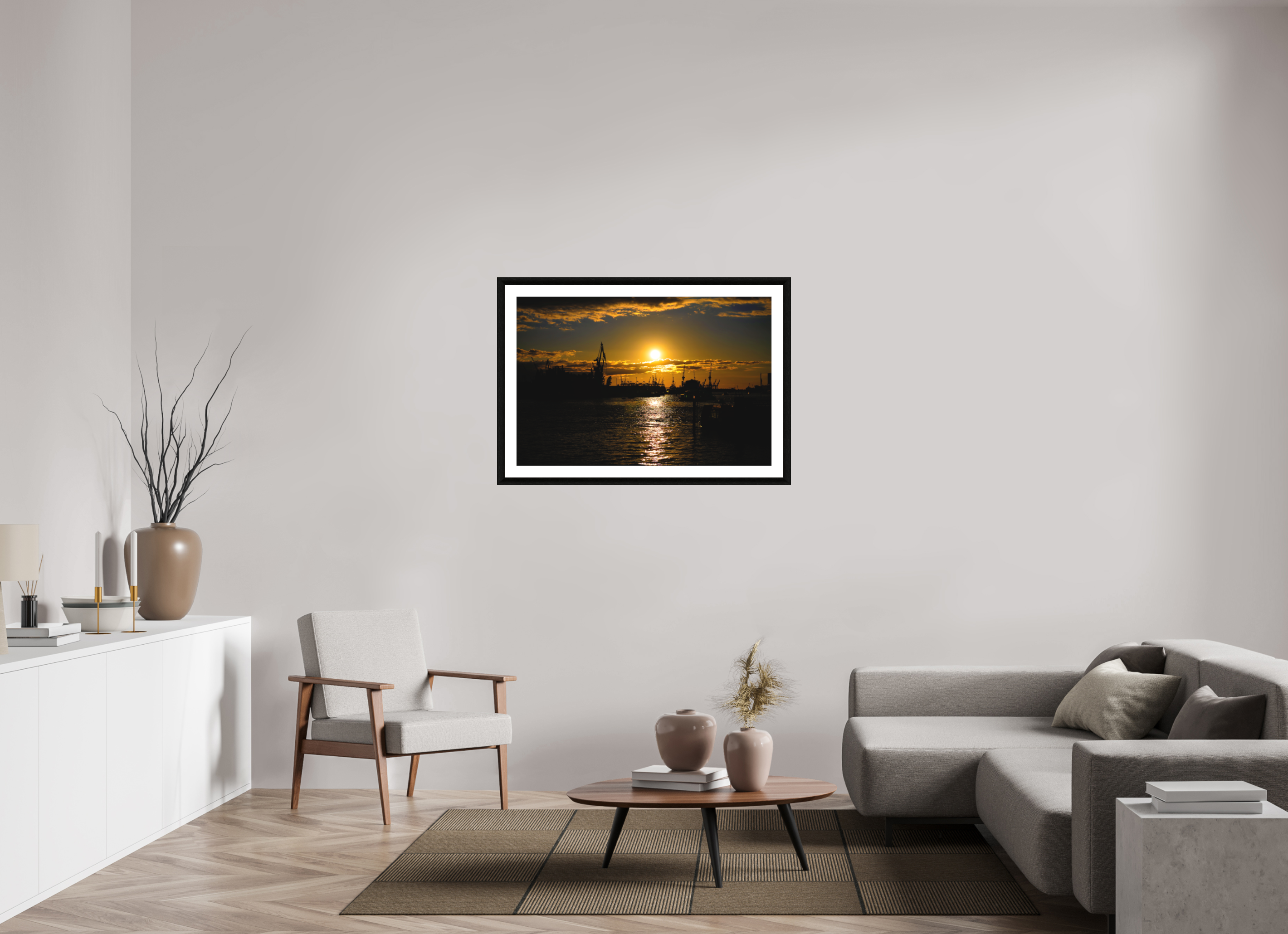 105 x 70 cm, Foto im schwarzen Ebenholz Rahmen 30mm, Museumsglas, Passepartout Hochweiß Golden Harbour Sunset