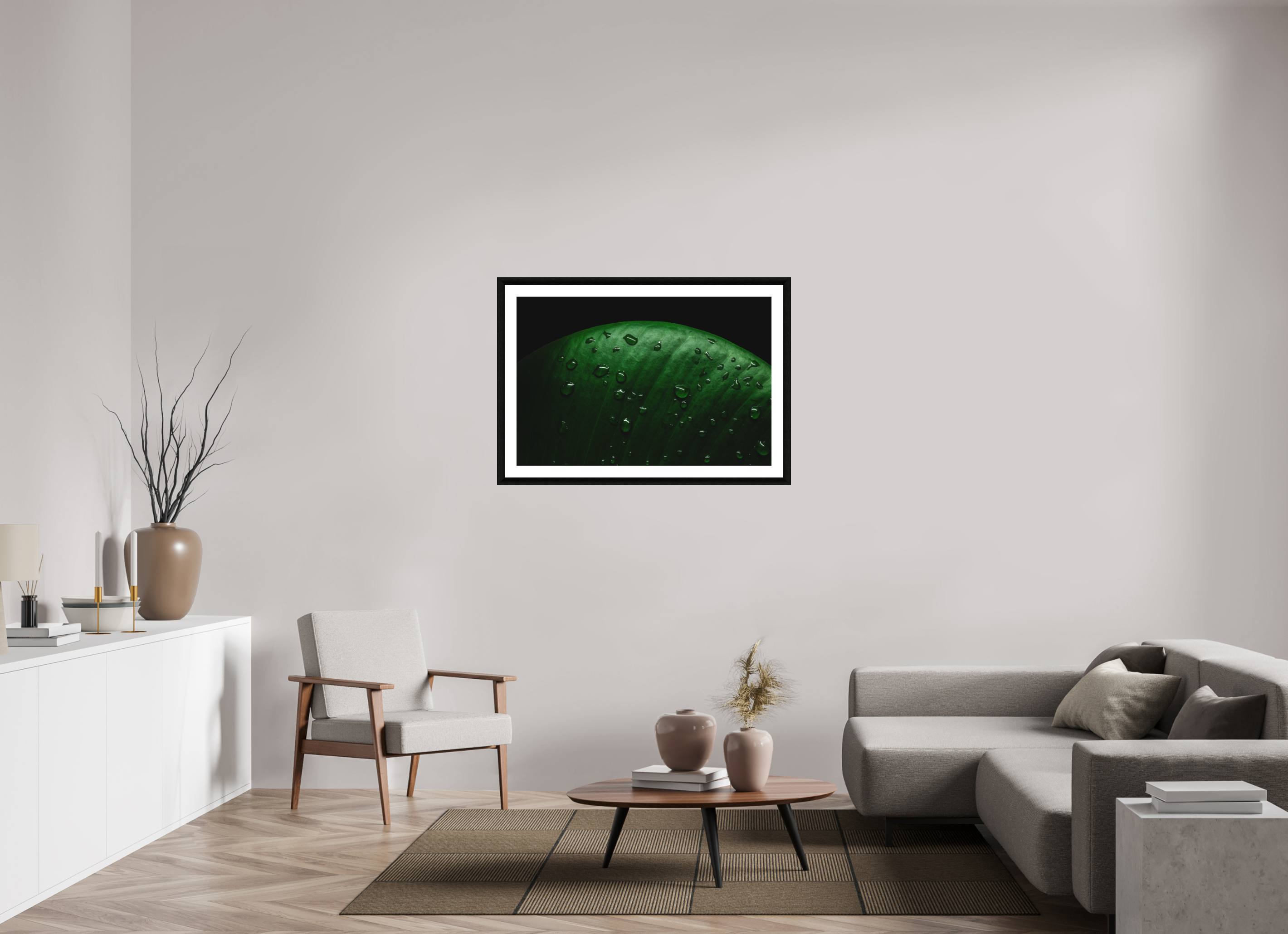 105 x 70 cm, Foto im schwarzen Ebenholz Rahmen 30mm, Museumsglas, Passepartout Hochweiß Silent Raindrops