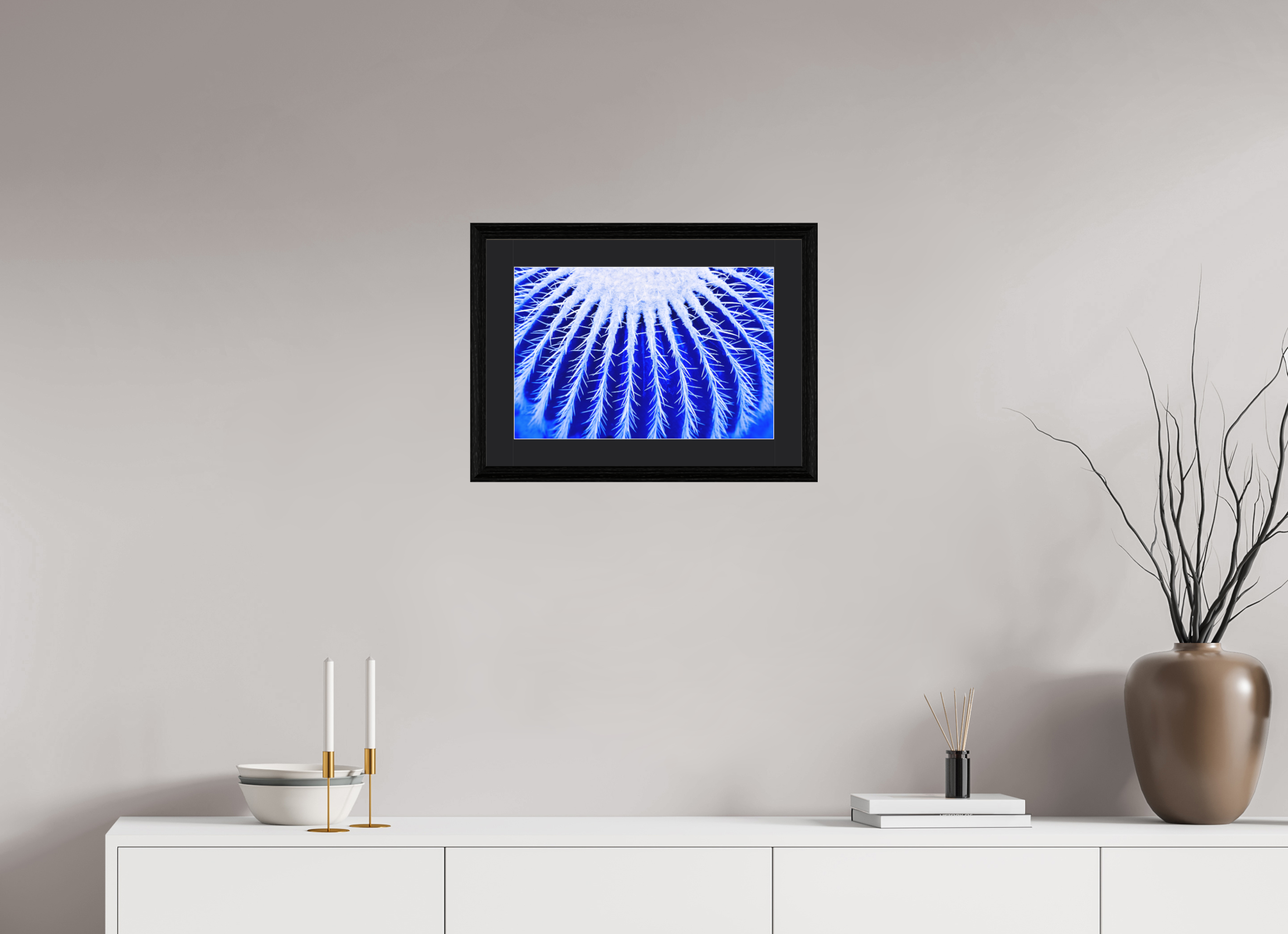 45 x 30 cm, Foto im schwarzen Eichen Rahmen, 27mm, Museumsglas, Passepartout schwarz Ice Kaktus