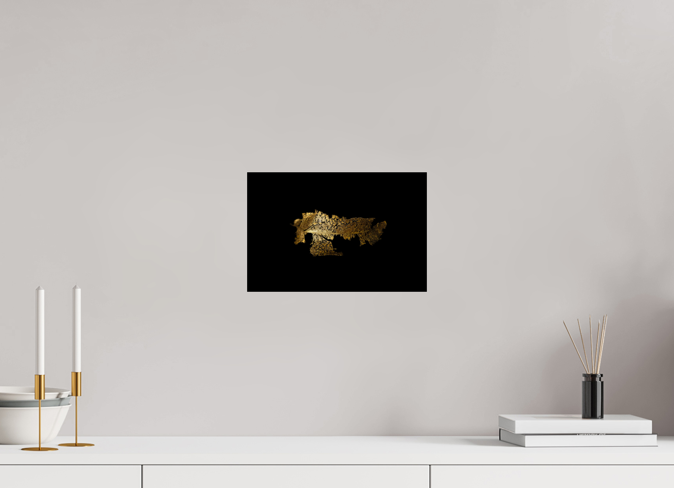 30 x 20 cm, Acrylglas, glänzend, 2 mm, Dibond 3 mm, mit Aufhängung Goldene Blattruine - Golden Grace