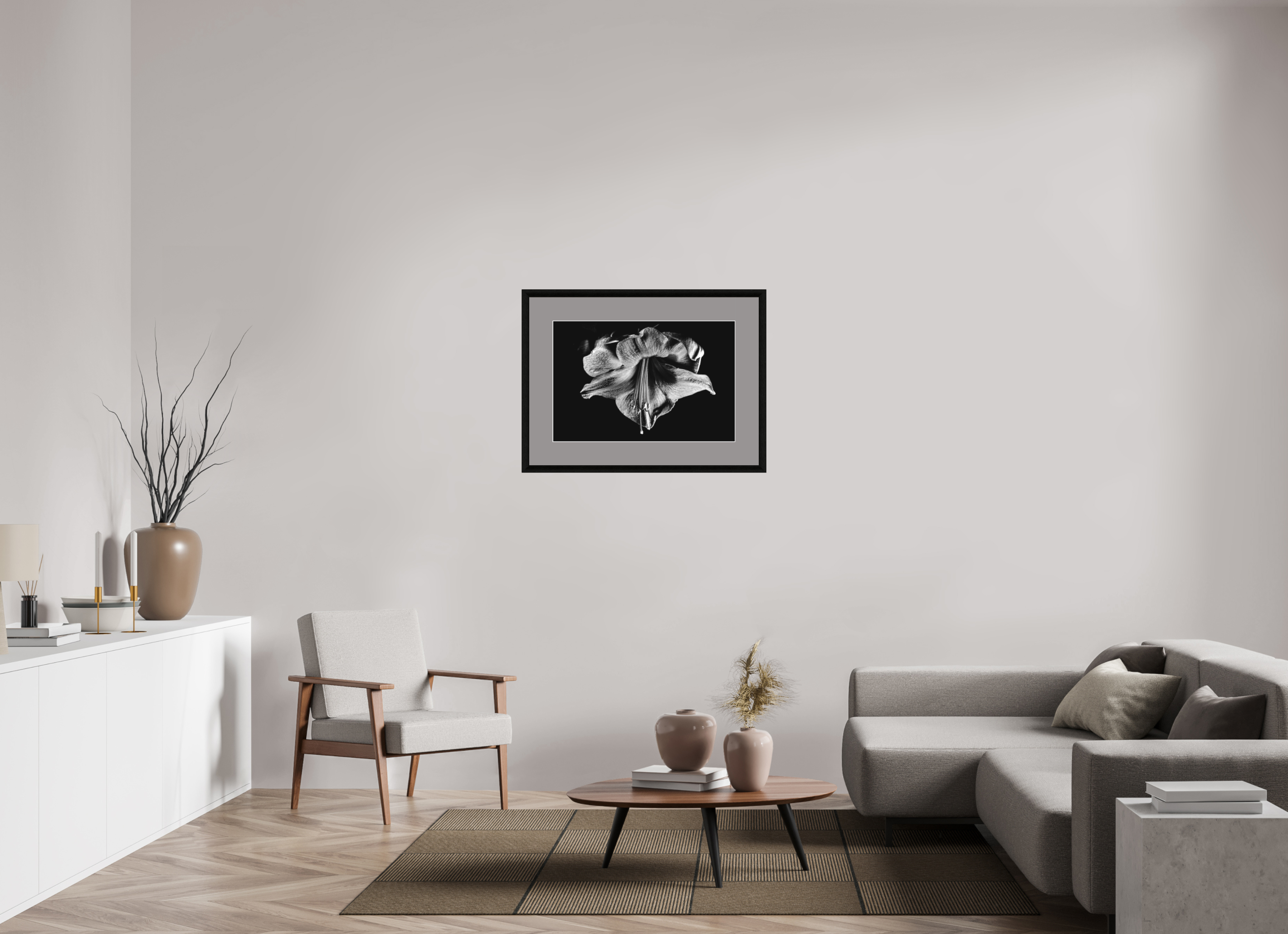 75 x 50 cm, Foto im schwarzen Eichen Rahmen, 30mm, Museumsglas, breites Passepartout Anthrazit Amaryllis in the Dusk