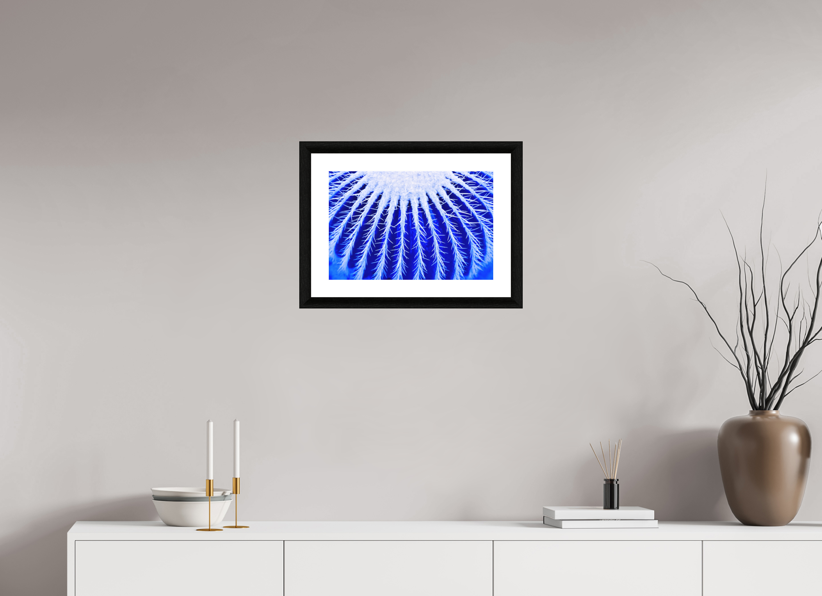 45 x 30 cm, Foto im schwarzen Ebenholz Rahmen 30mm, Museumsglas, Passepartout Hochweiß Ice Kaktus