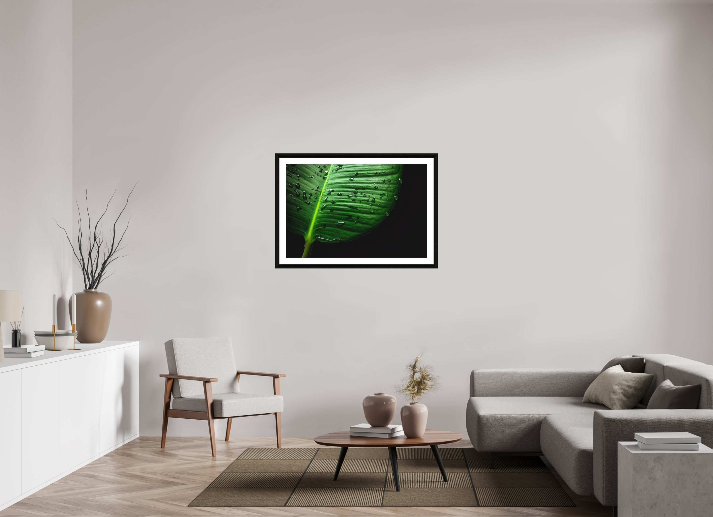 105 x 70 cm, Foto im schwarzen Ebenholz Rahmen 30mm, Museumsglas, Passepartout Hochweiß Tropical Raindrops