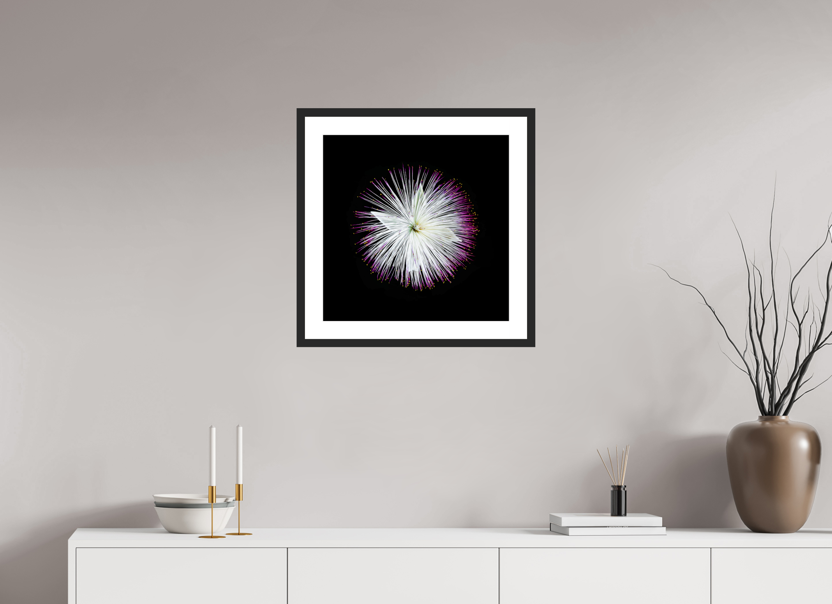 50 x 50 cm, Foto im Passepartout-Rahmen - Rahmen: schwarzes Holz, 20 mm, weißes Passepartout, Floatglas glänzend Firework Blossom