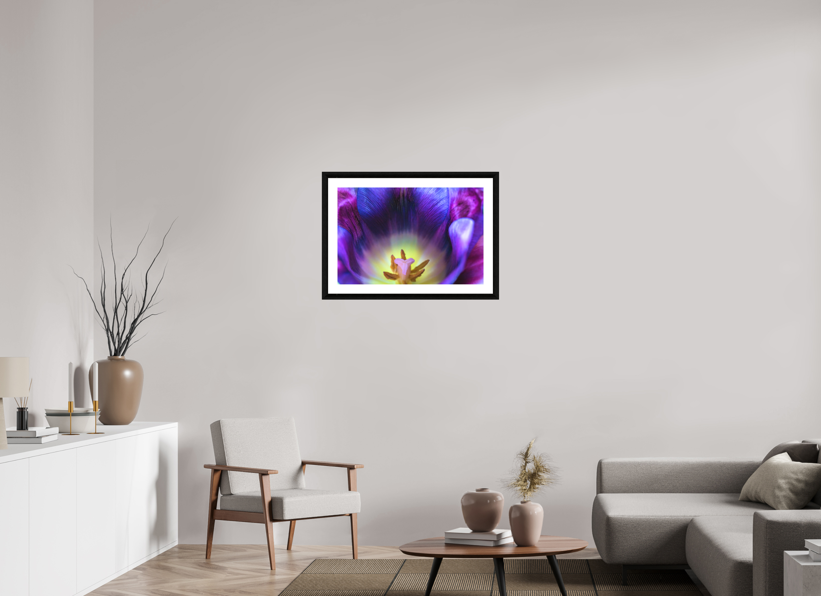 75 x 50 cm, Foto im schwarzen Ebenholz Rahmen 30mm, Museumsglas, Passepartout Hochweiß Purple Spring