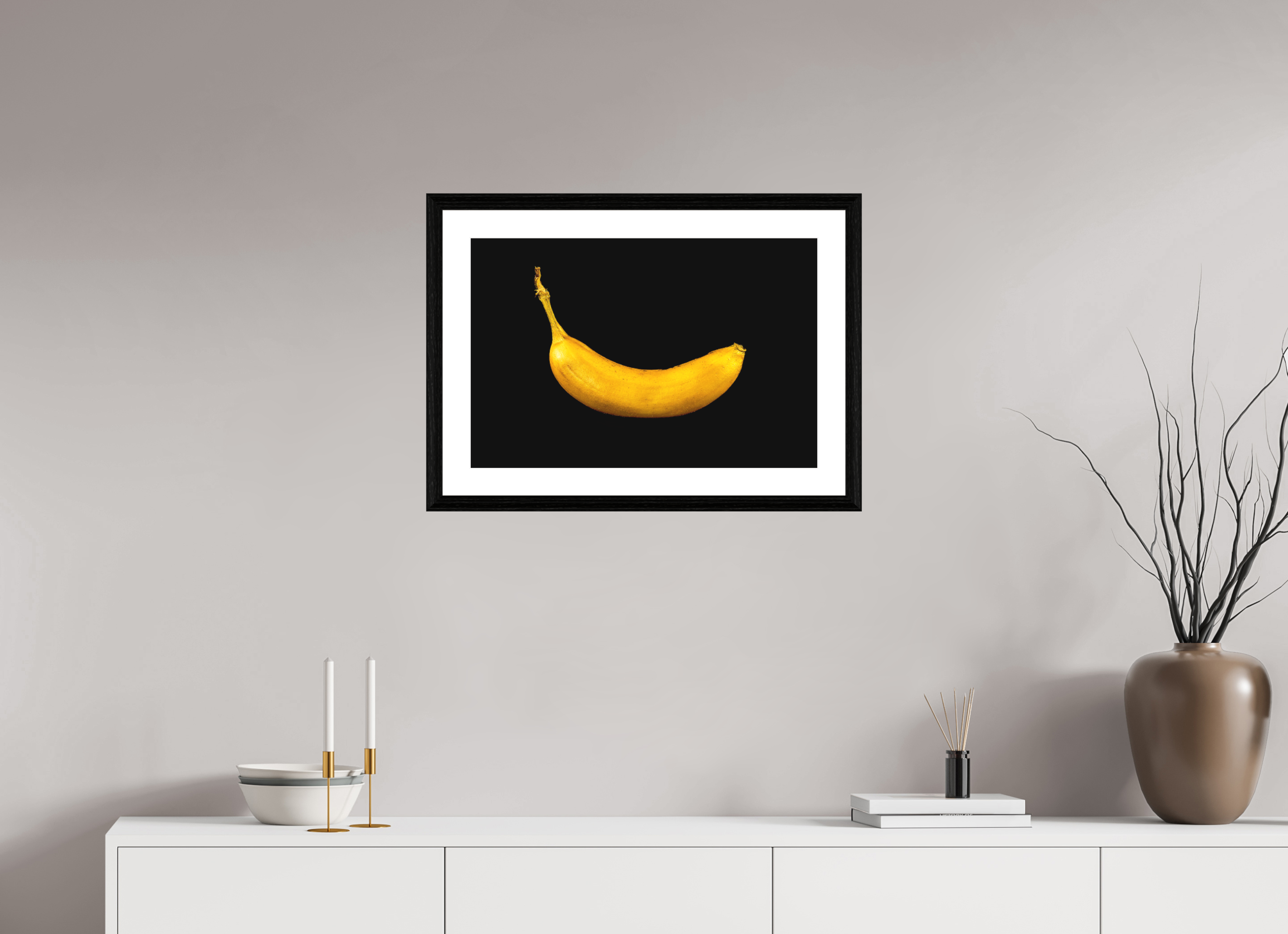 60 x 40 cm, Hahnemühle FineArt Baryta im schwarzen Eichen Rahmen, 27mm,Museumsglas, Passepartout Hochweiß Die goldene Banane - Fine Art