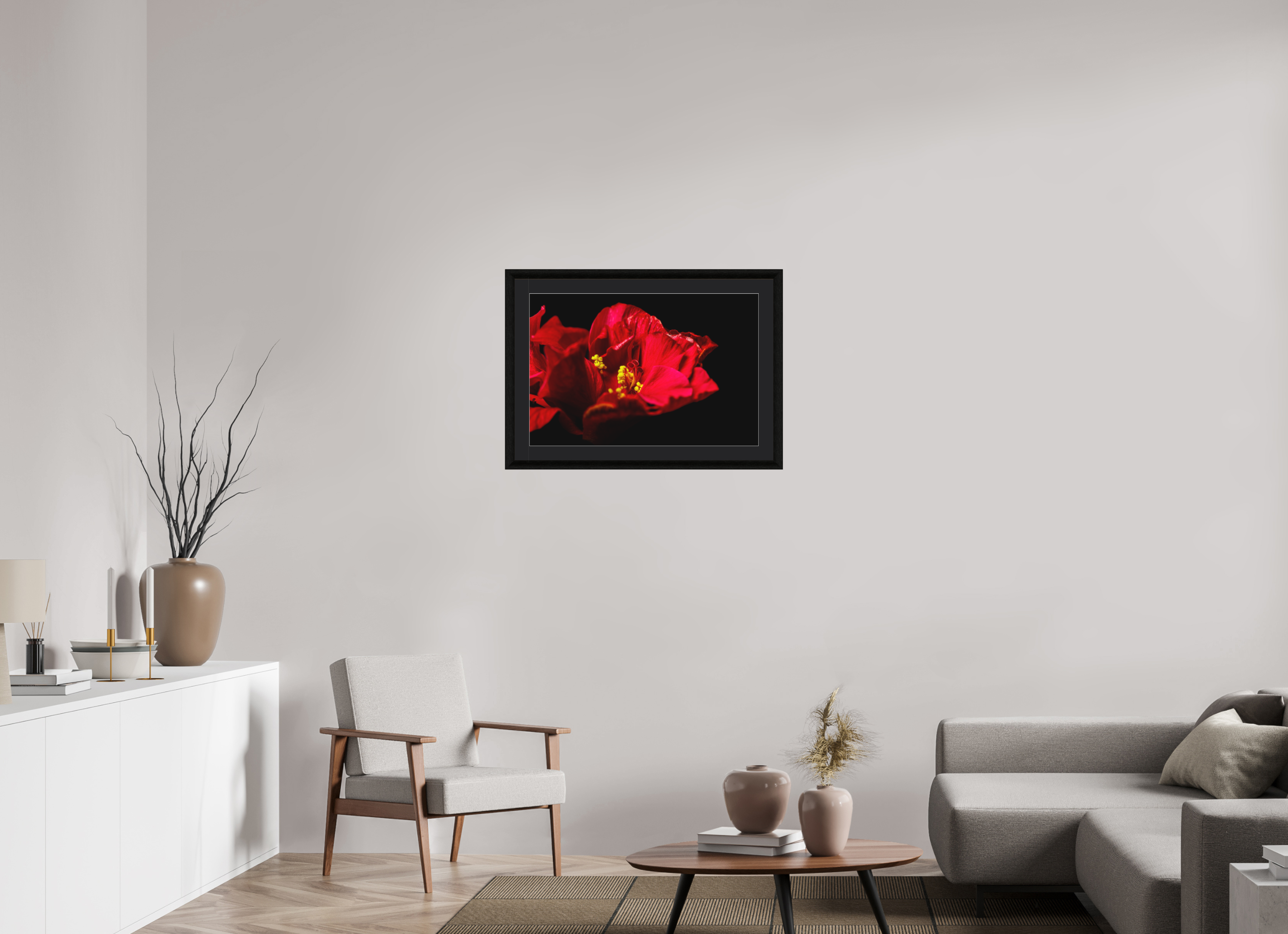 75 x 50 cm, Foto im schwarzen Ebenholz Rahmen 30mm, Museumsglas, Passepartout Schwarz Flamenco Blossom