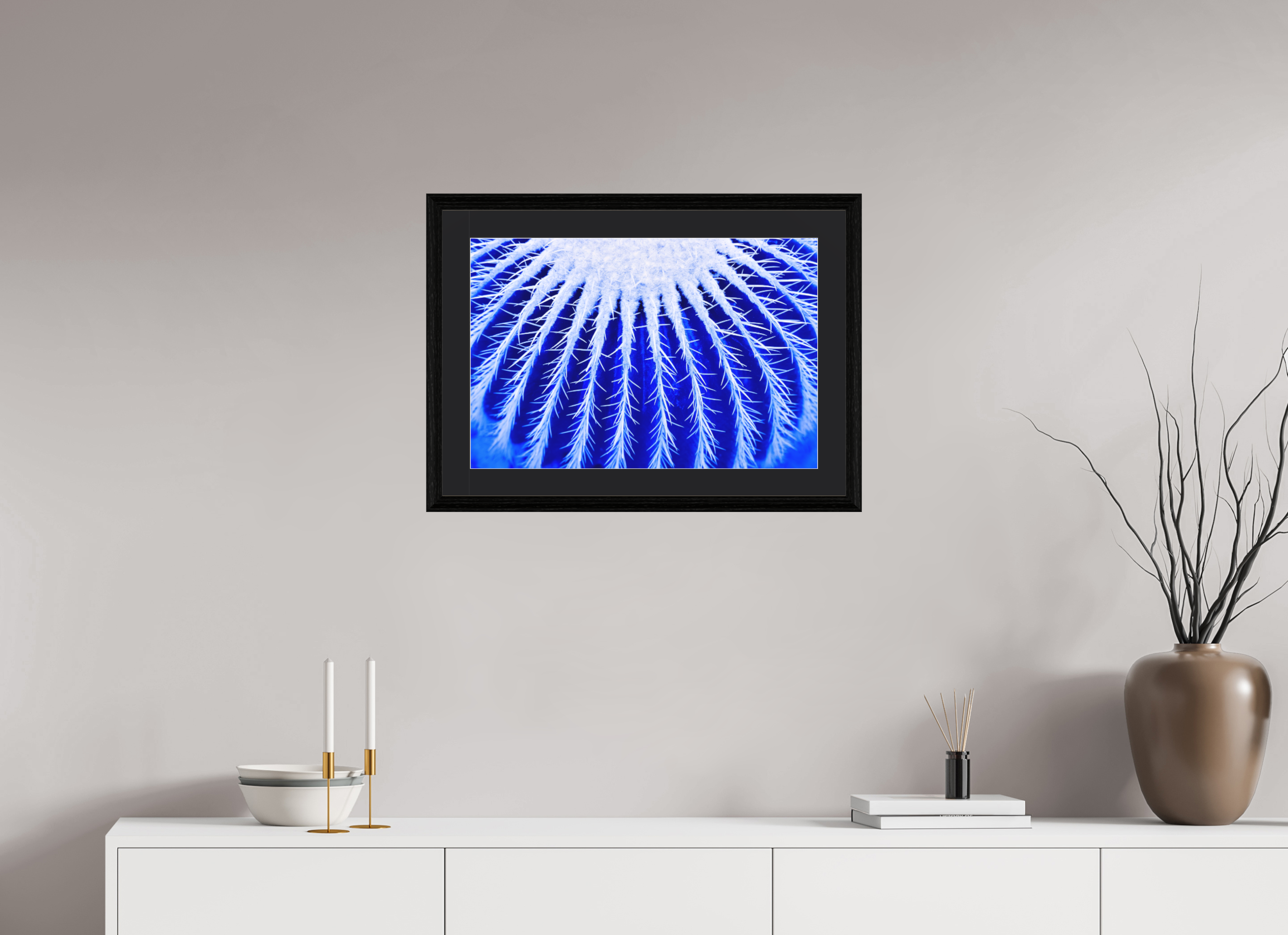 60 x 40 cm, Foto im schwarzen Eichen Rahmen, 27mm, Museumsglas, Passepartout schwarz Ice Kaktus