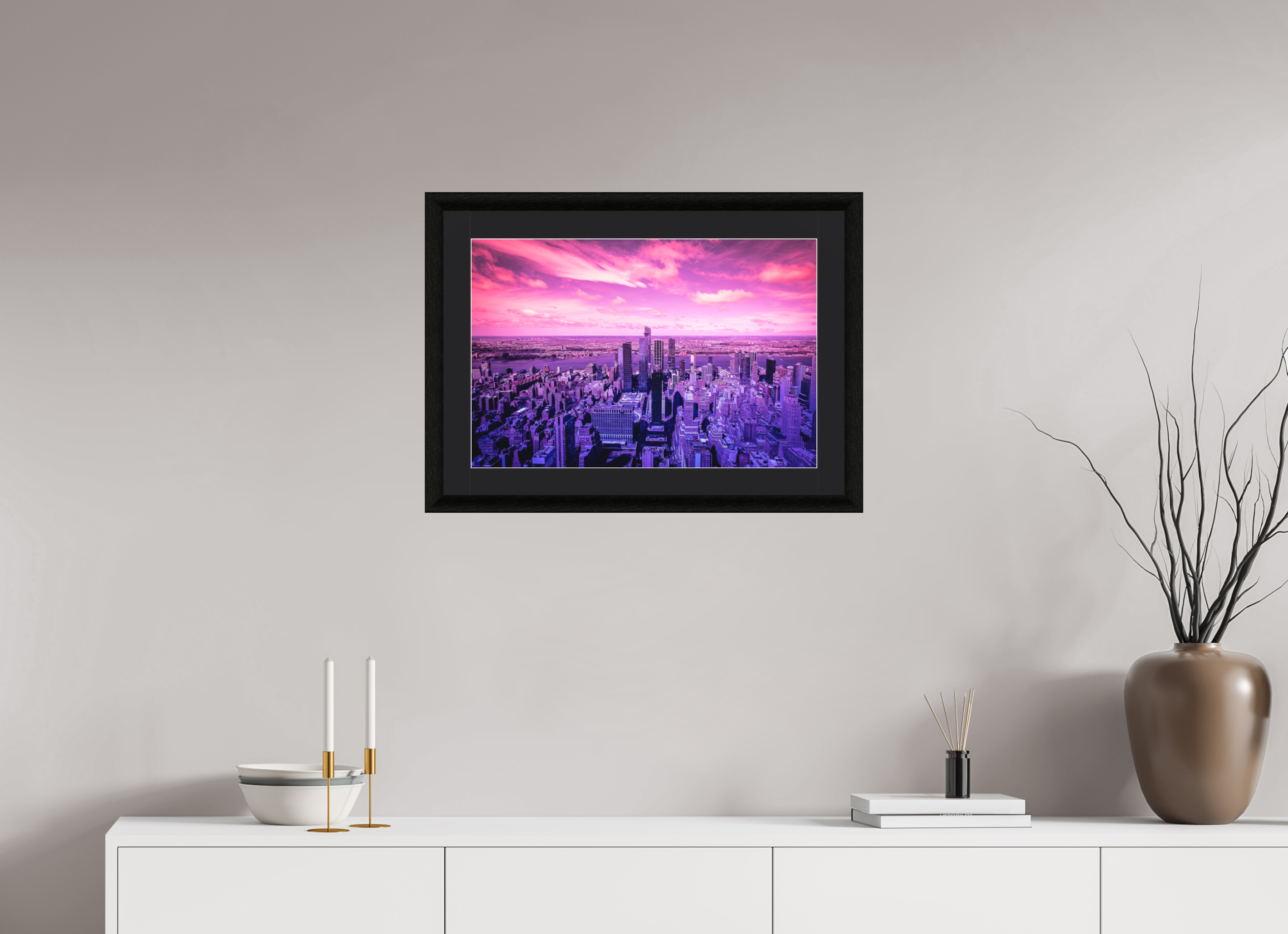 60 x 40 cm, Foto im schwarzen Ebenholz Rahmen 30mm, Museumsglas, Passepartout Schwarz New York Pink Symphony