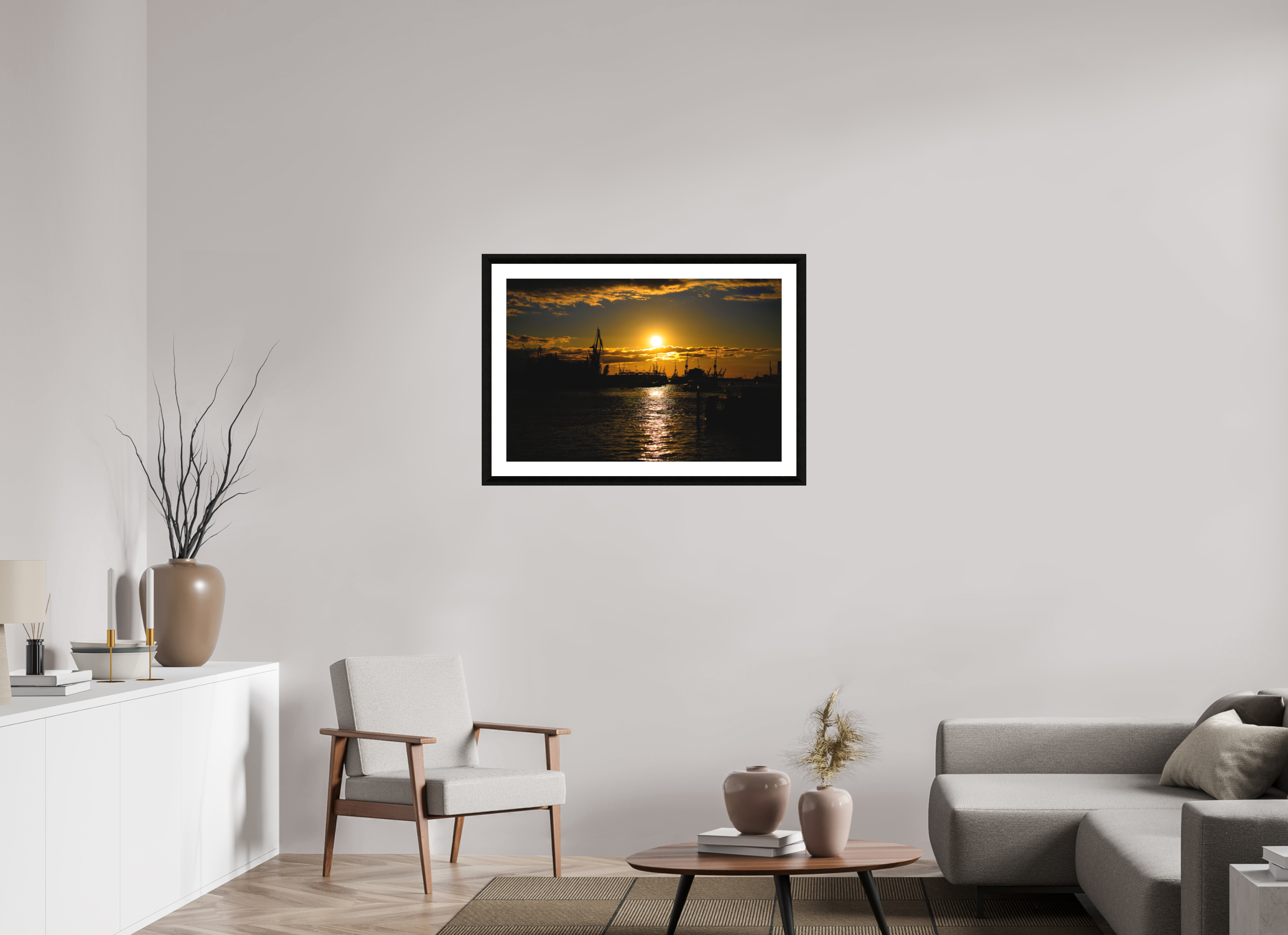 90 x 60 cm, Foto im schwarzen Ebenholz Rahmen 30mm, Museumsglas, Passepartout Hochweiß Golden Harbour Sunset