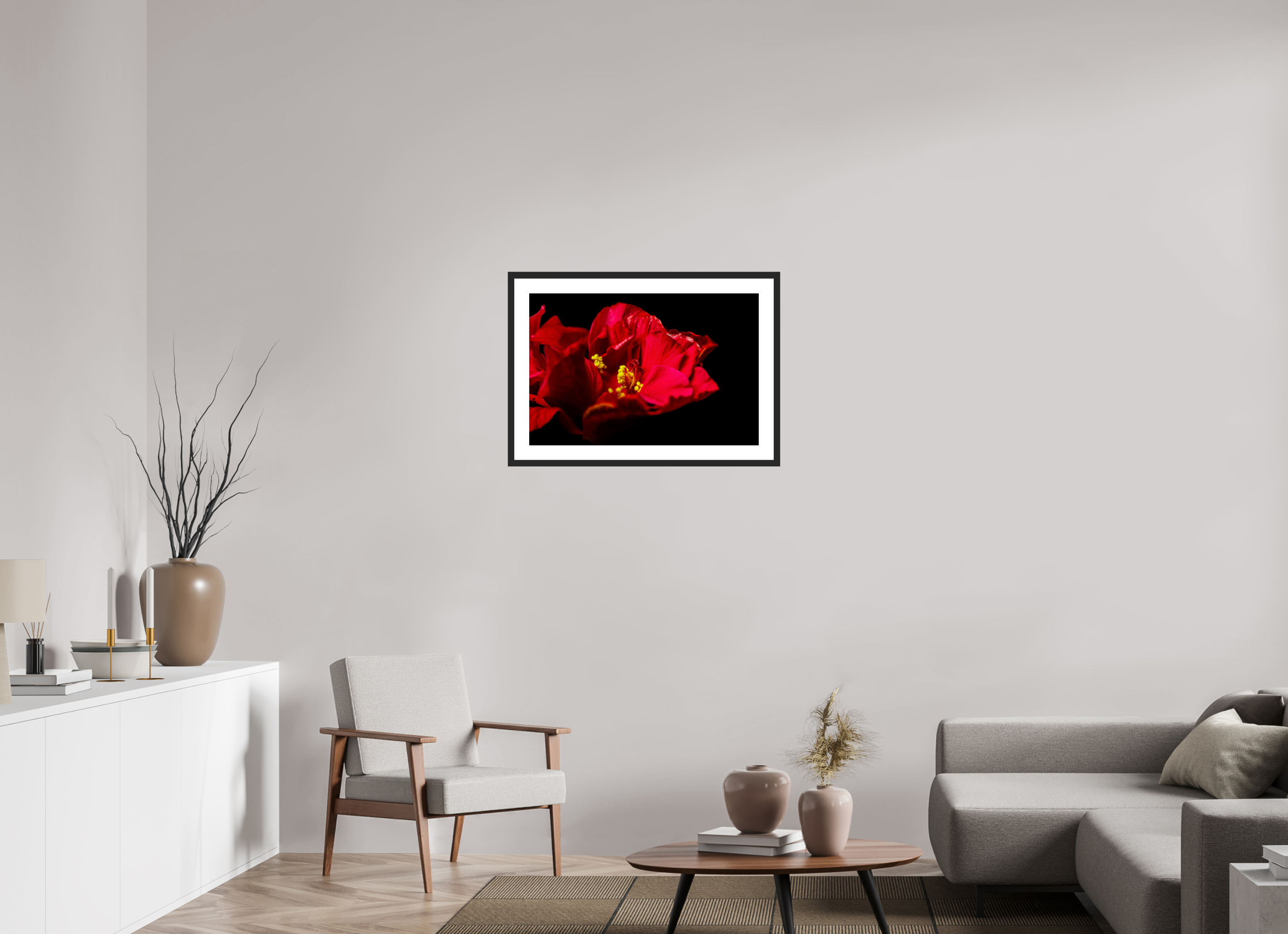 75 x 50 cm, Foto im Passepartout-Rahmen - Rahmen: schwarzes Holz, 20 mm, weißes Passepartout, Floatglas glänzend Flamenco Blossom