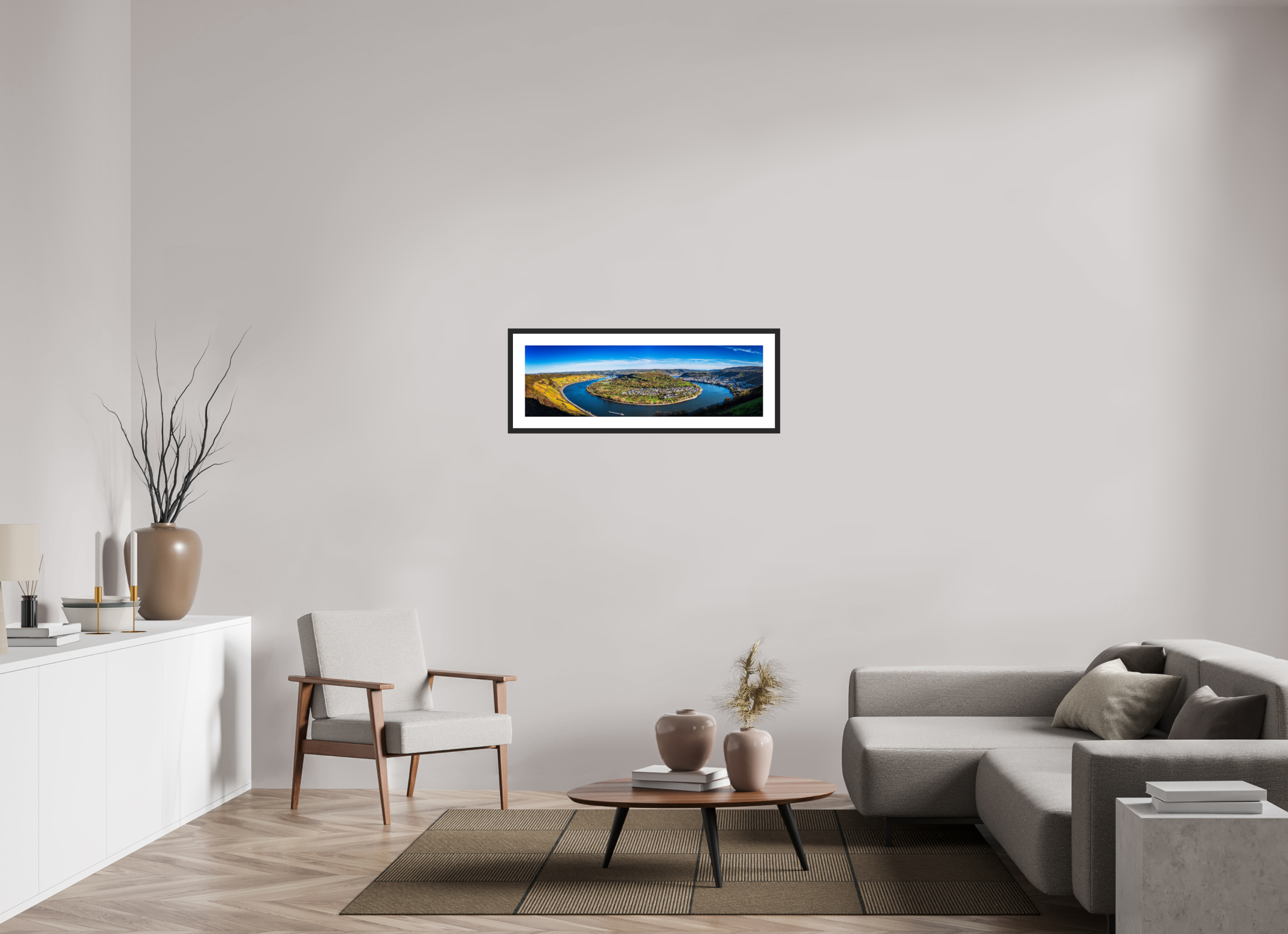 98 x 30 cm, Foto im Passepartout-Rahmen - Rahmen: schwarzes Holz, 20 mm, weißes Passepartout, Floatglas glänzend Rheinschleife