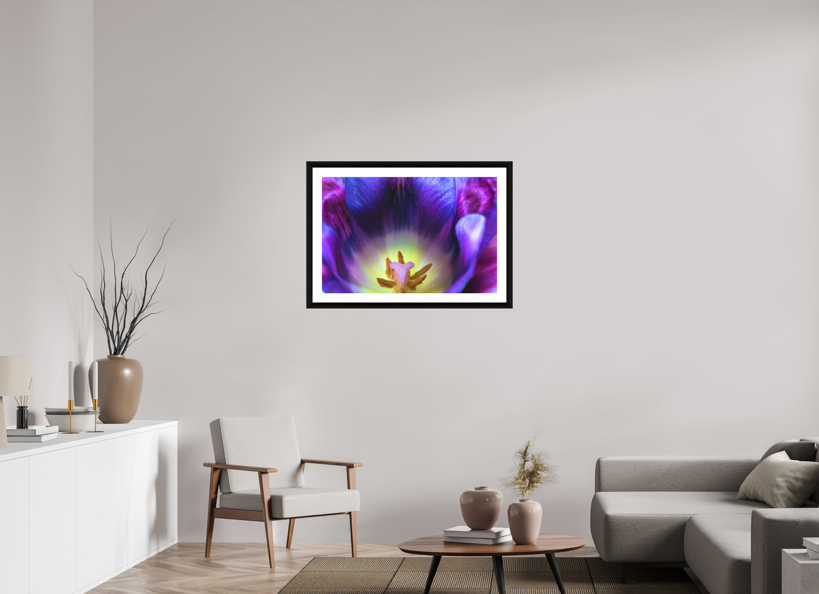 90 x 60 cm, Foto im schwarzen Ebenholz Rahmen 30mm, Museumsglas, Passepartout Hochweiß Purple Spring