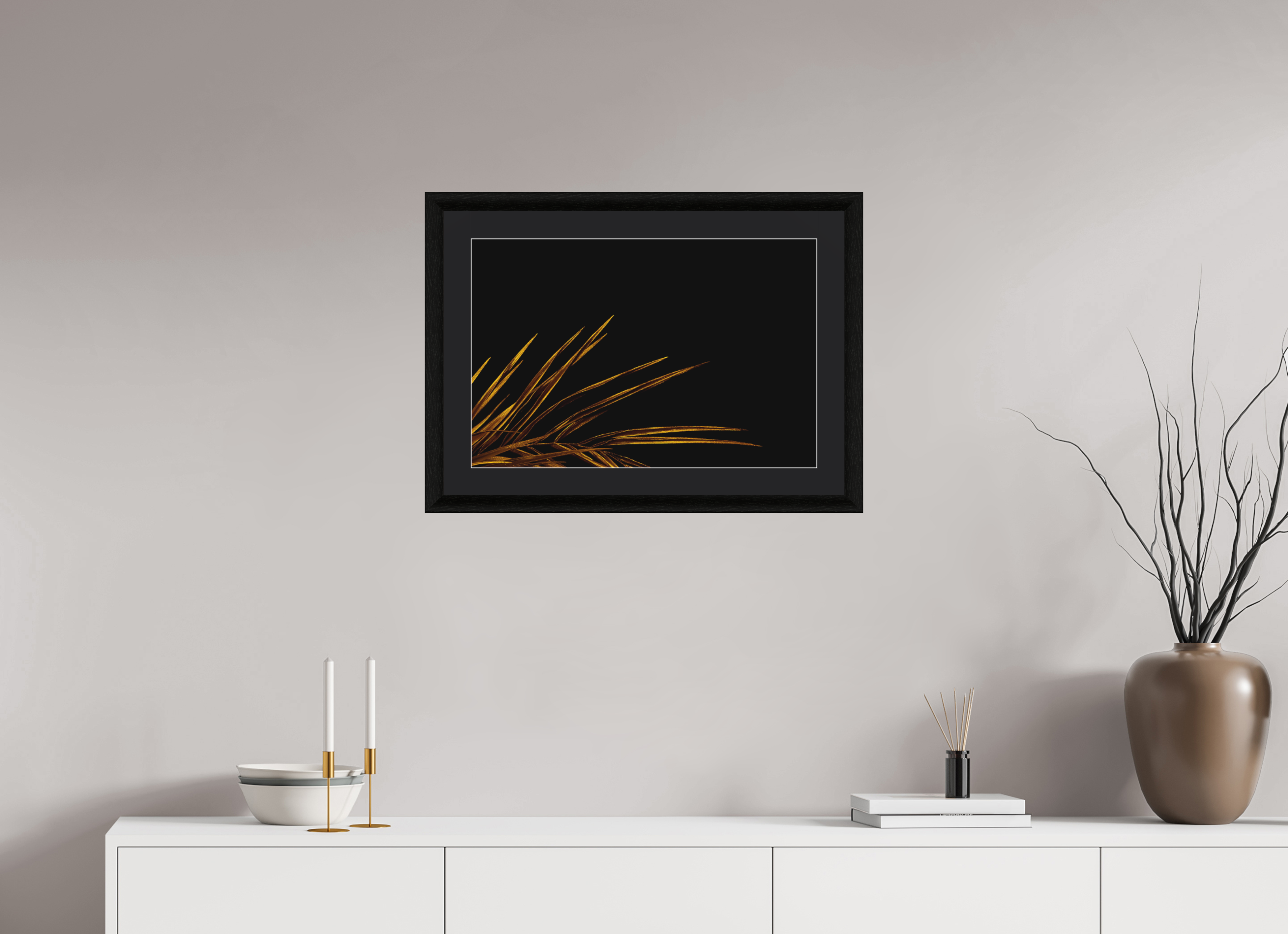 60 x 40 cm, Foto im schwarzen Ebenholz Rahmen 30mm, Museumsglas, Passepartout Schwarz Golden Leaves