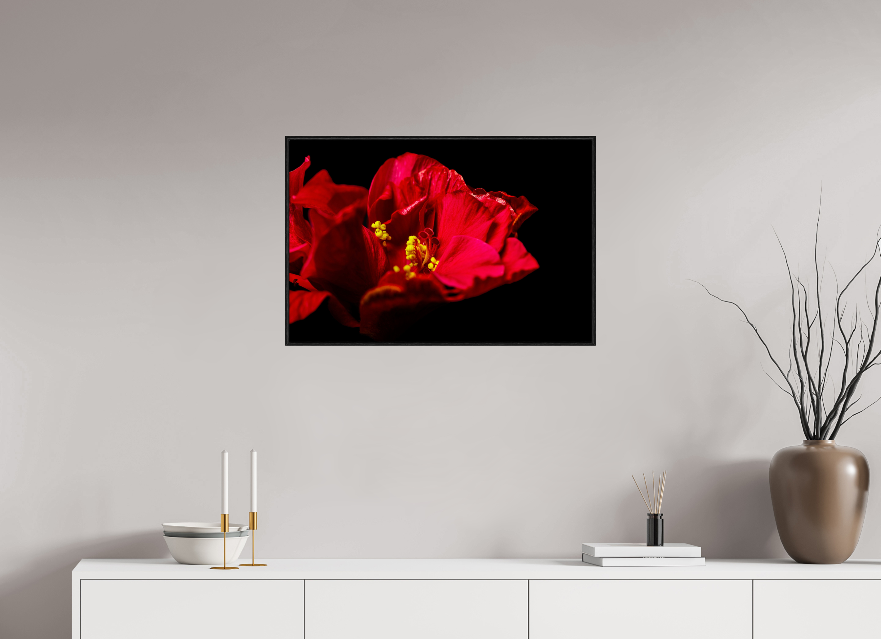 75 x 50 cm, Foto im schwarzen Schattenfugen-Rahmen hinter Acryglas, 2 mm, glänzend Flamenco Blossom
