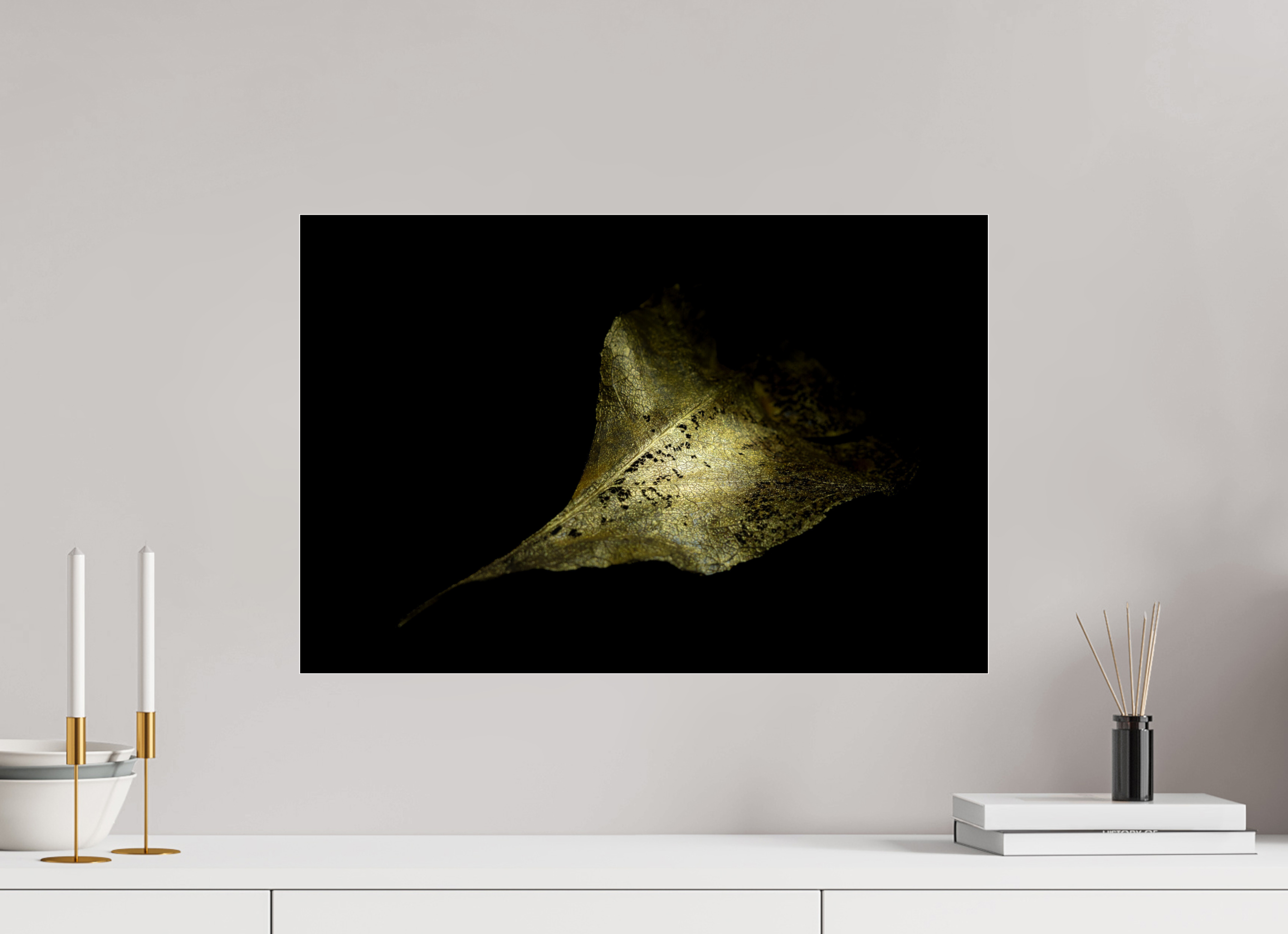 60 x 40 cm, Acrylglas, glänzend, 2 mm, Dibond 3 mm, mit Aufhängung Goldene Blattruine - Golden Shadow Play