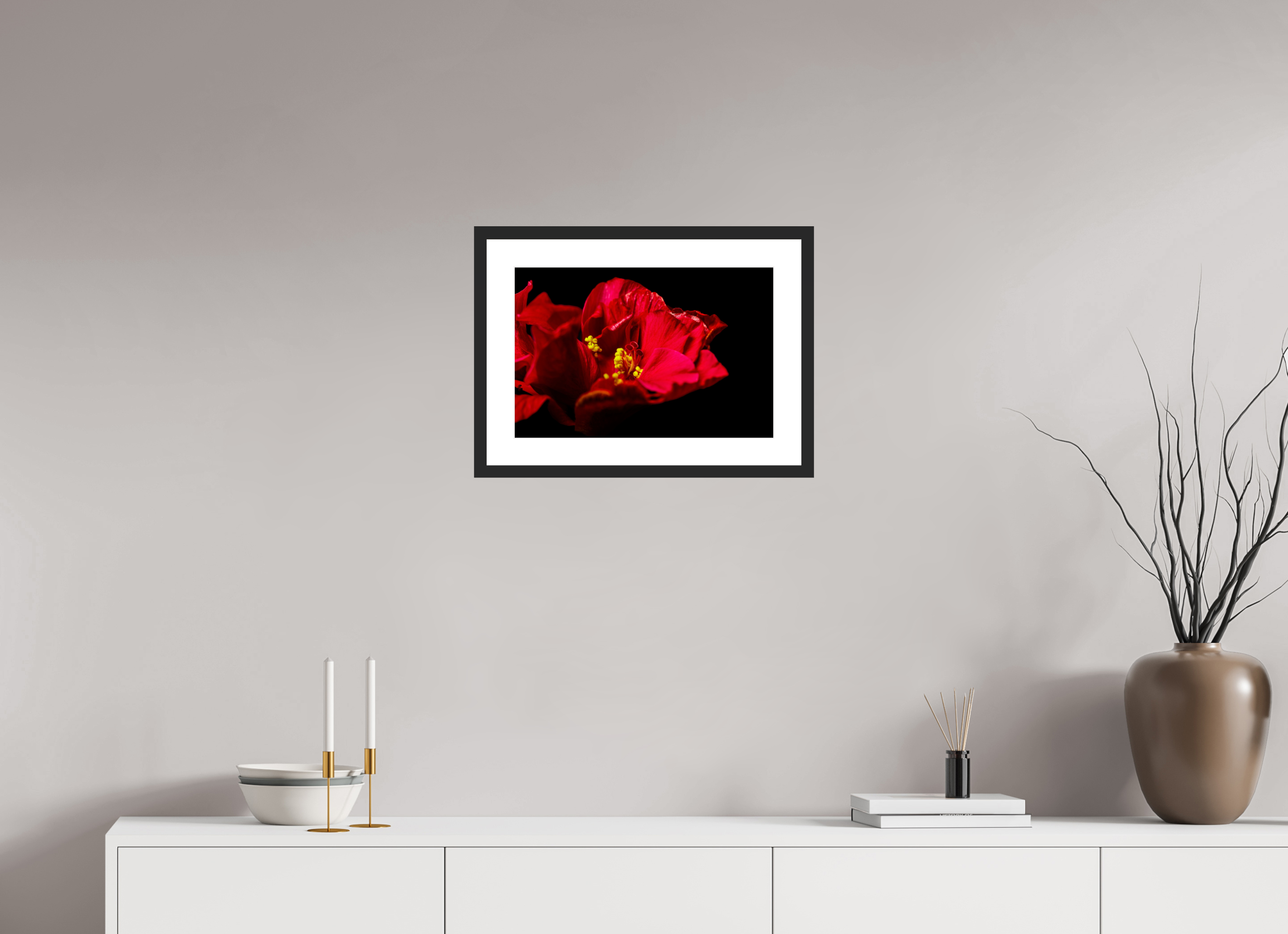 45 x 30 cm, Foto im Passepartout-Rahmen - Rahmen: schwarzes Holz, 20 mm, weißes Passepartout, Floatglas glänzend Flamenco Blossom