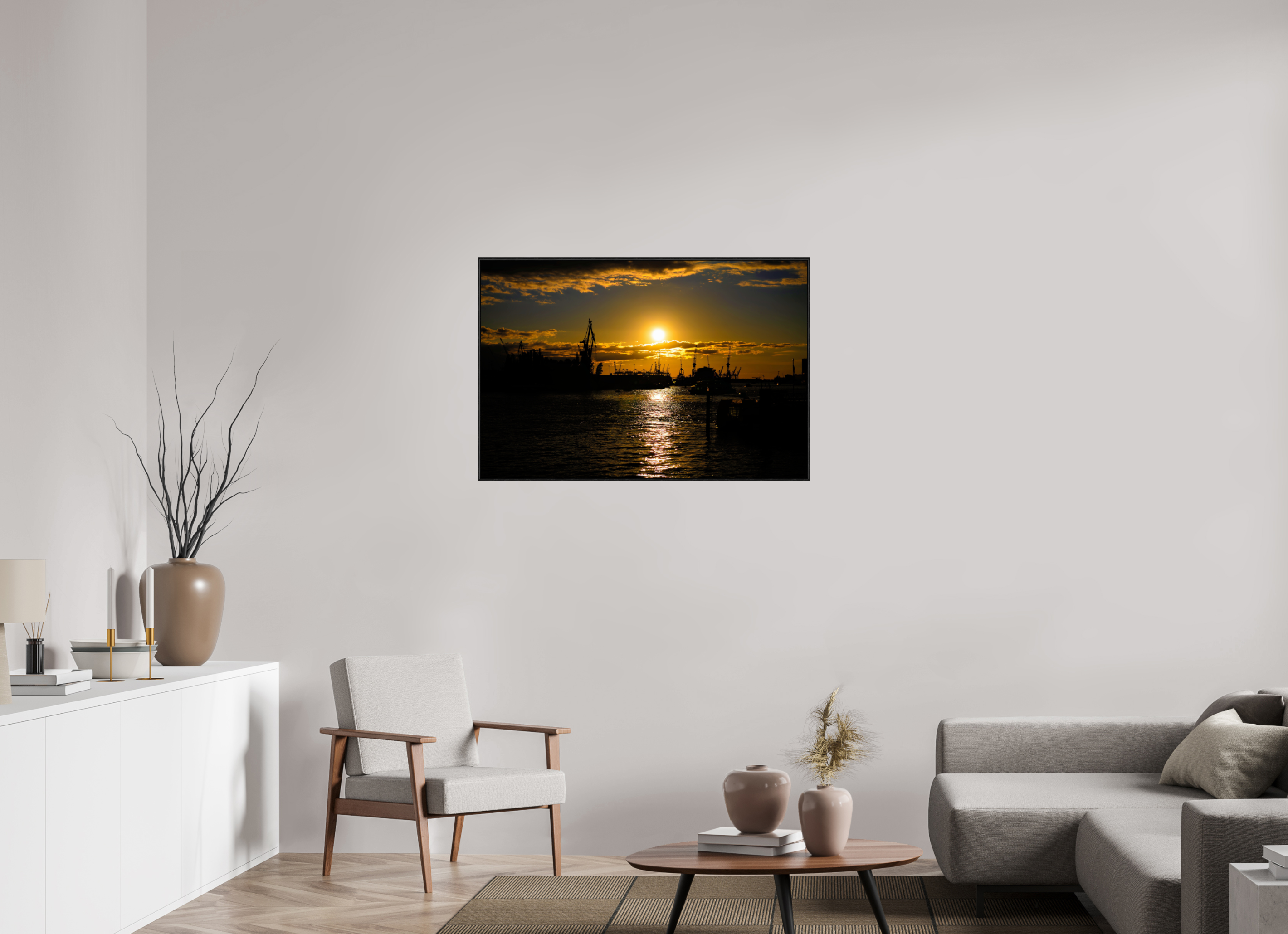 105 x 70 cm, Foto im schwarzen Schattenfugen-Rahmen hinter Acryglas, 2 mm, glänzend Golden Harbour Sunset