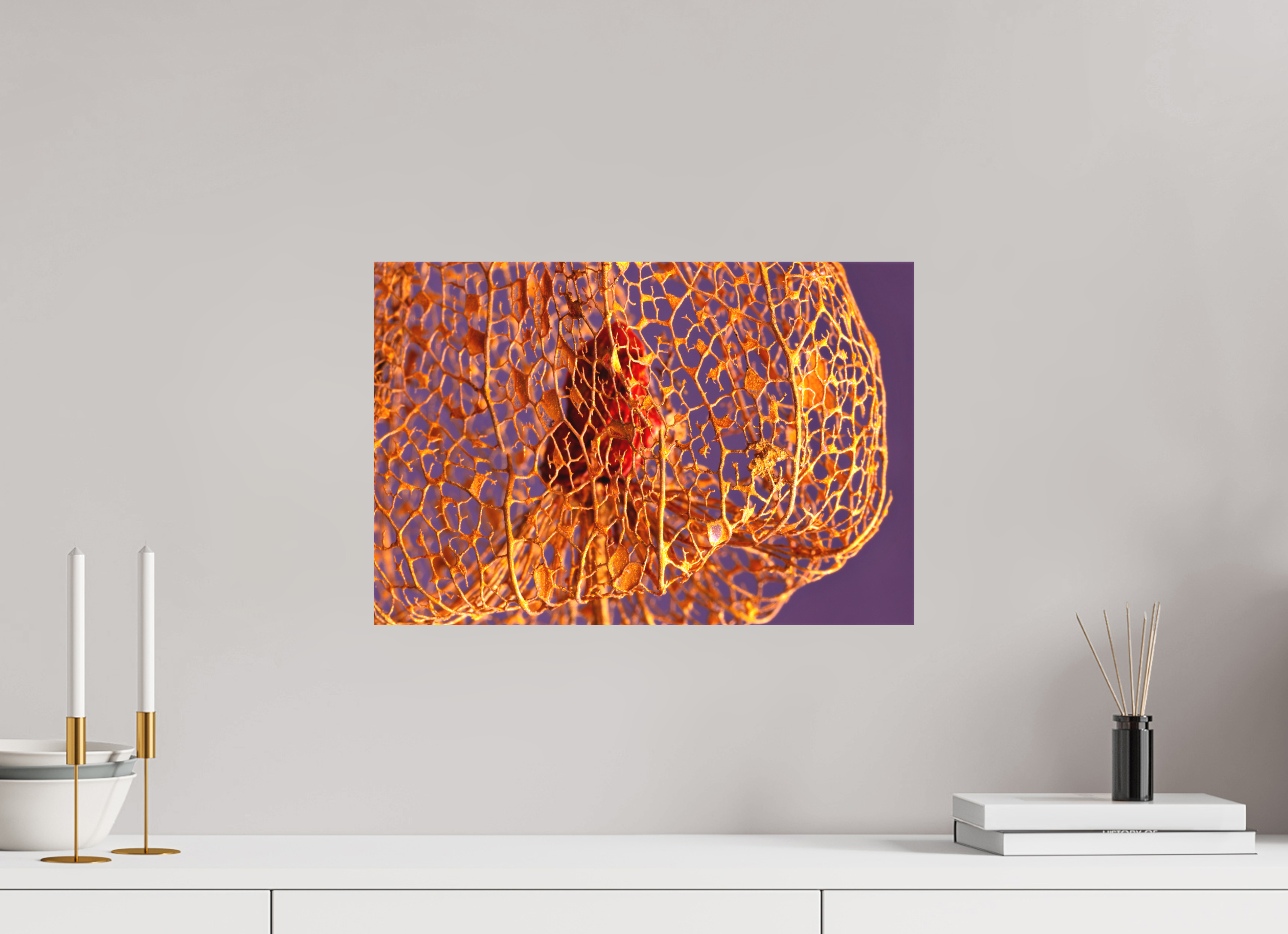 45 x 30 cm, Foto-Leinwand aus hochwertigem Textil, 40mm Herz der Physalis Gold